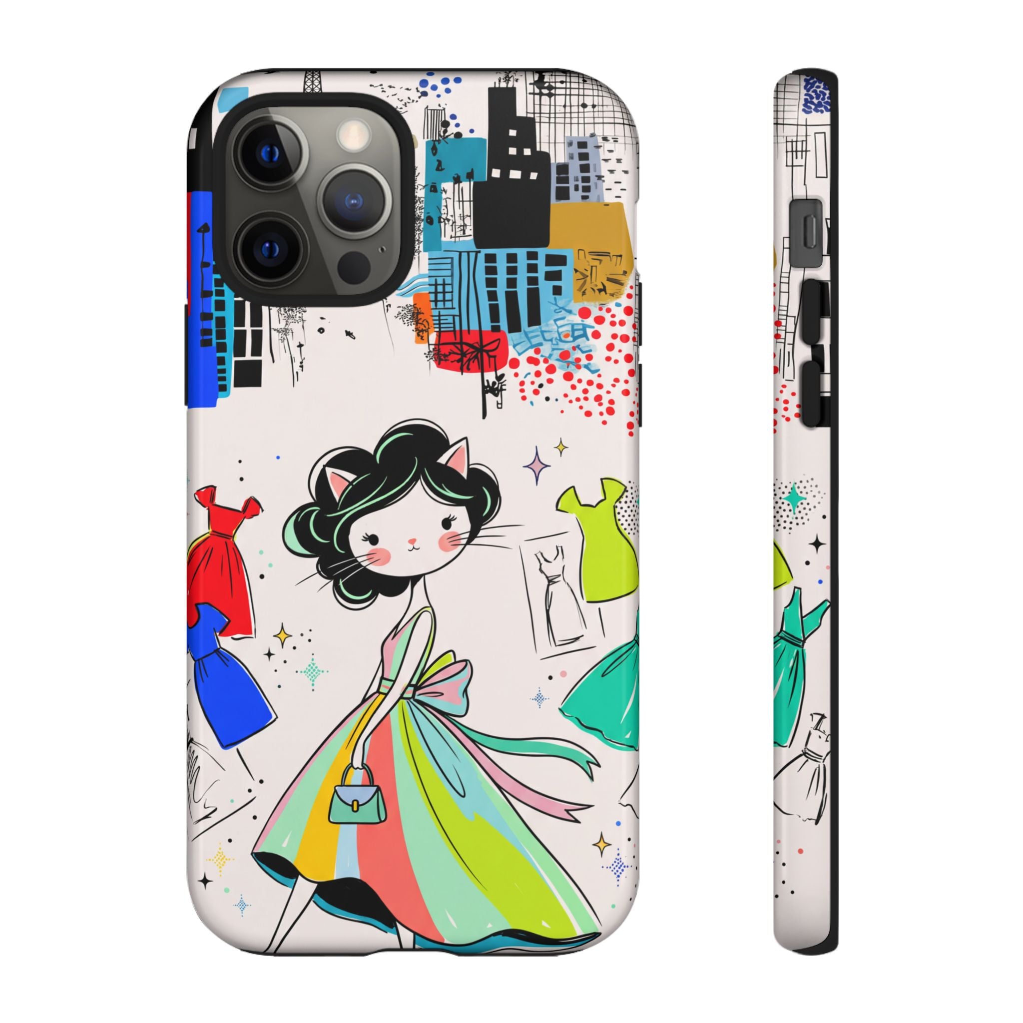 Retro Fashion Cat Girl iPhone Case | Cute Dress & City Print