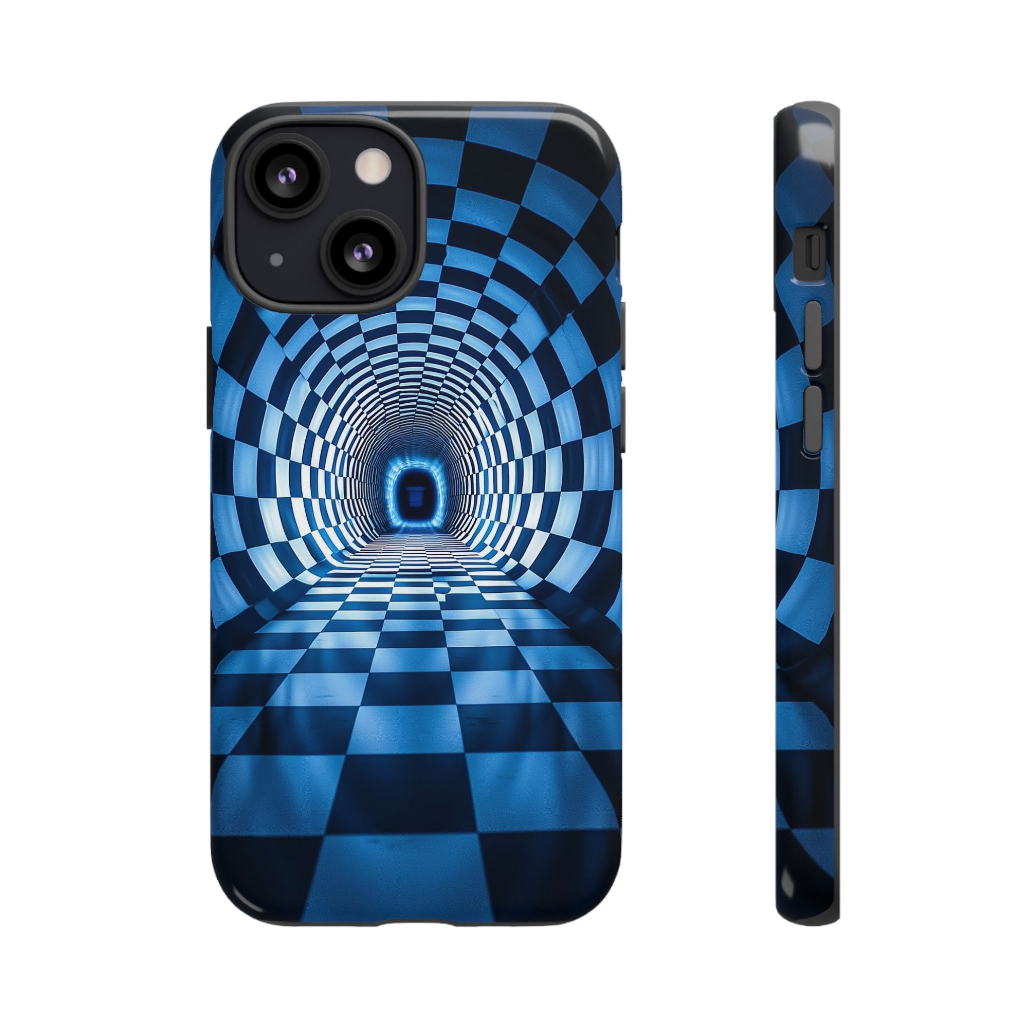Blue Checkered Tunnel iPhone Case — 3D Optical Illusion Tough Case