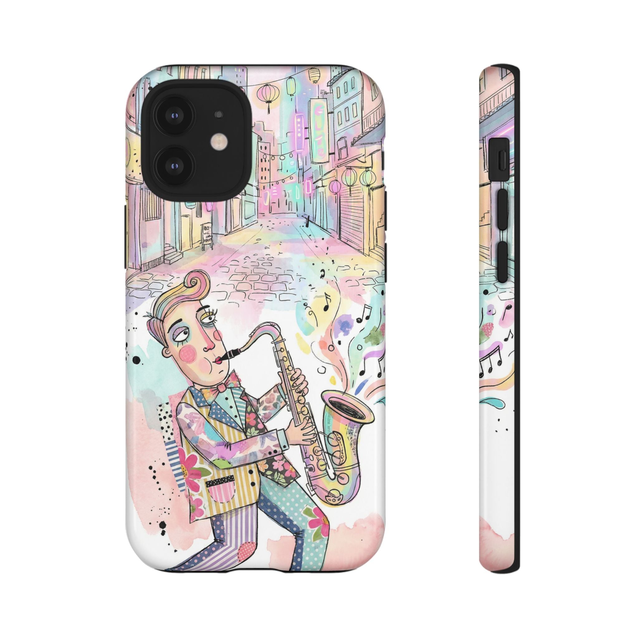 Sax Player Art iPhone Case | Pastel Jazz Street Illustration
