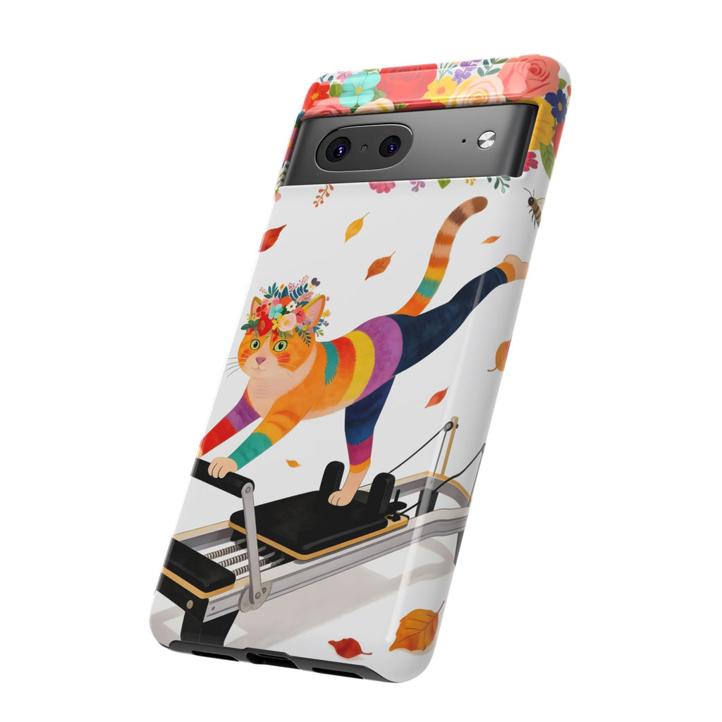 Custodia per telefono Google Pixel Cat Pilates | Gatto floreale arcobaleno sul Reformer