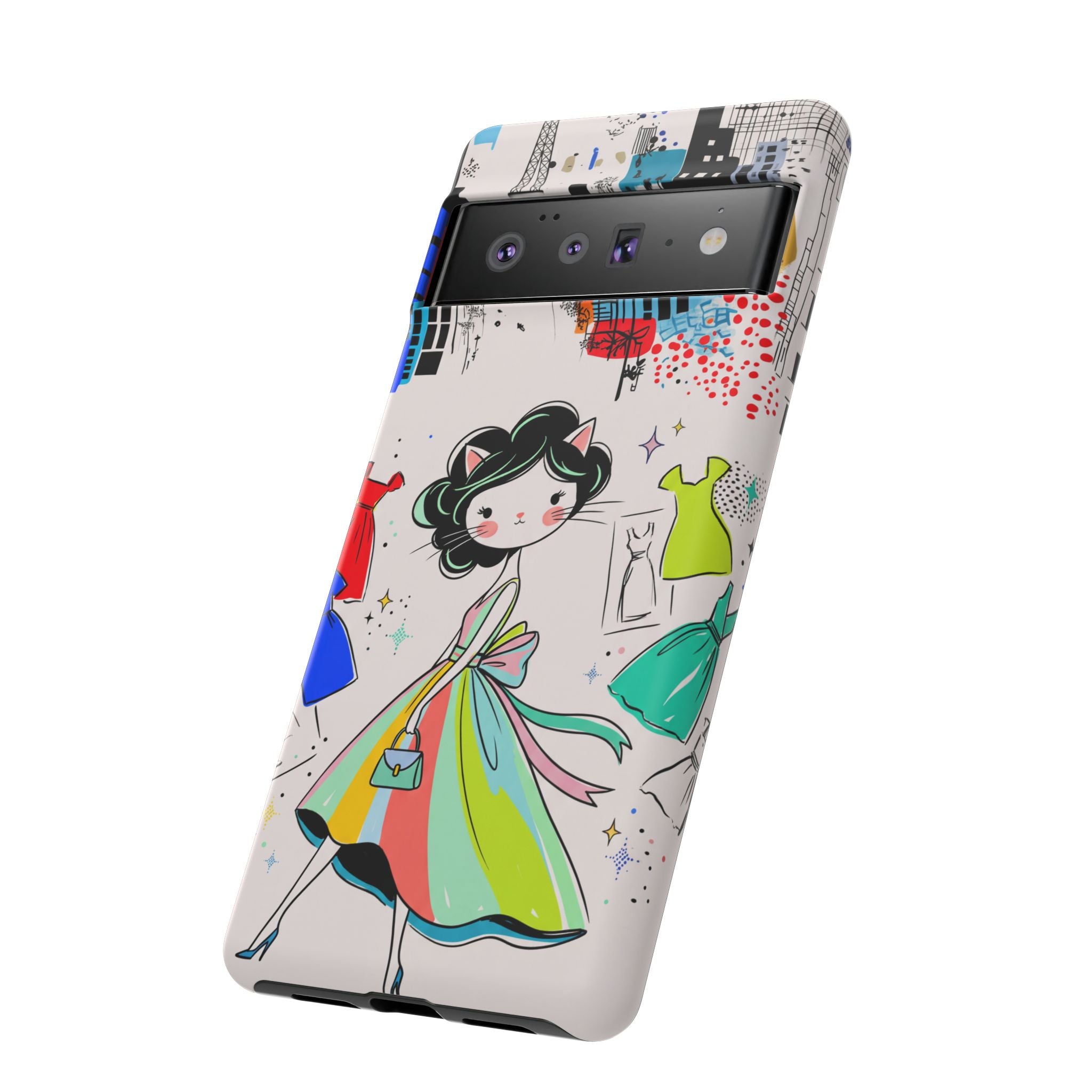 Retro Fashion Cat Girl Google Pixel Phone Case | Cute Dress & City Print