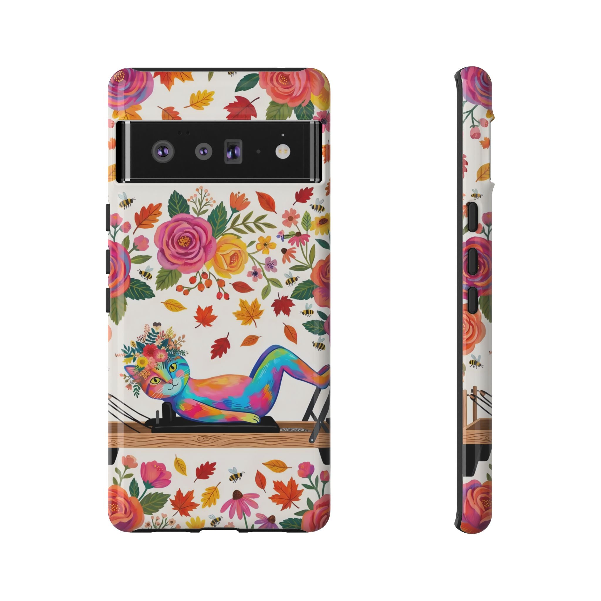 Autumn Floral Pilates Google Pixel Phone Case | Colorful Rainbow Pilates Cat on Falling Leaves