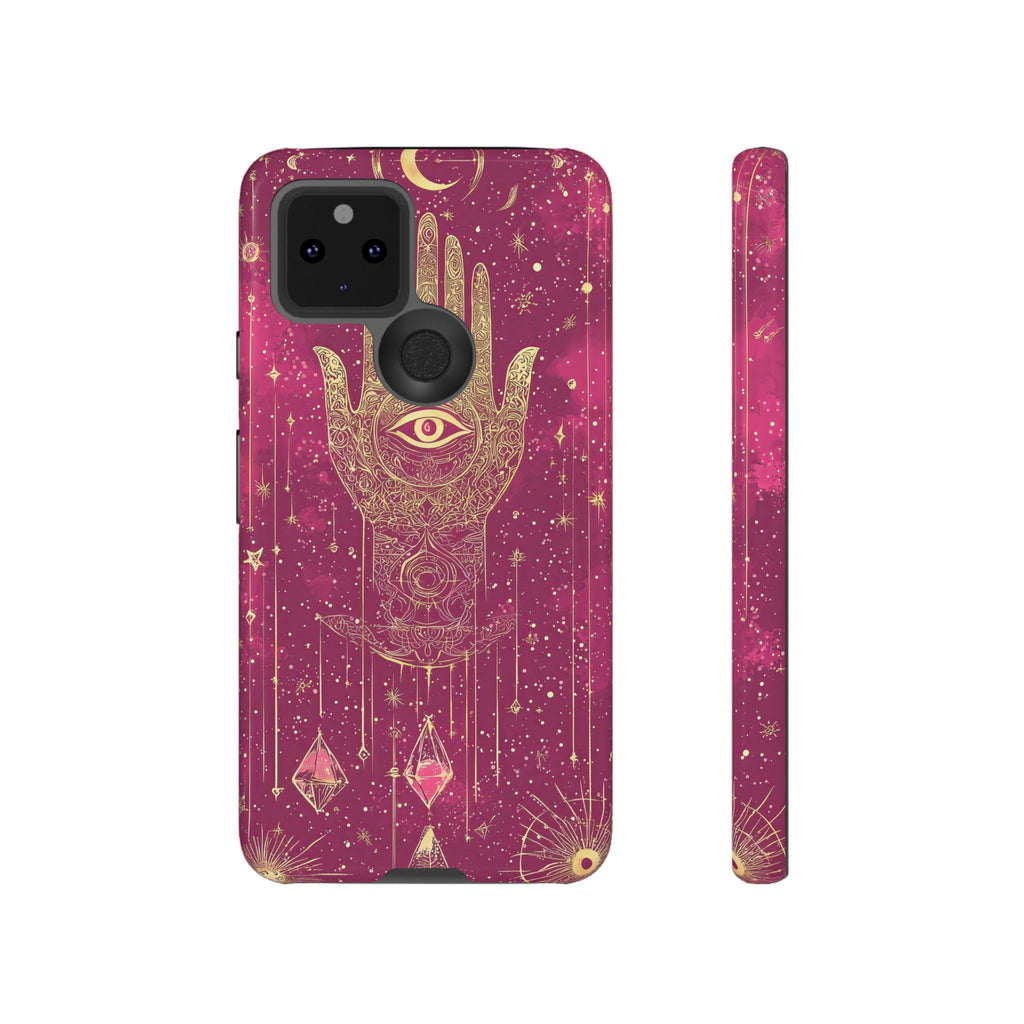 Mystic Hamsa Google Pixel Case | Gold Palm & All-Seeing Eye on Magenta Galaxy