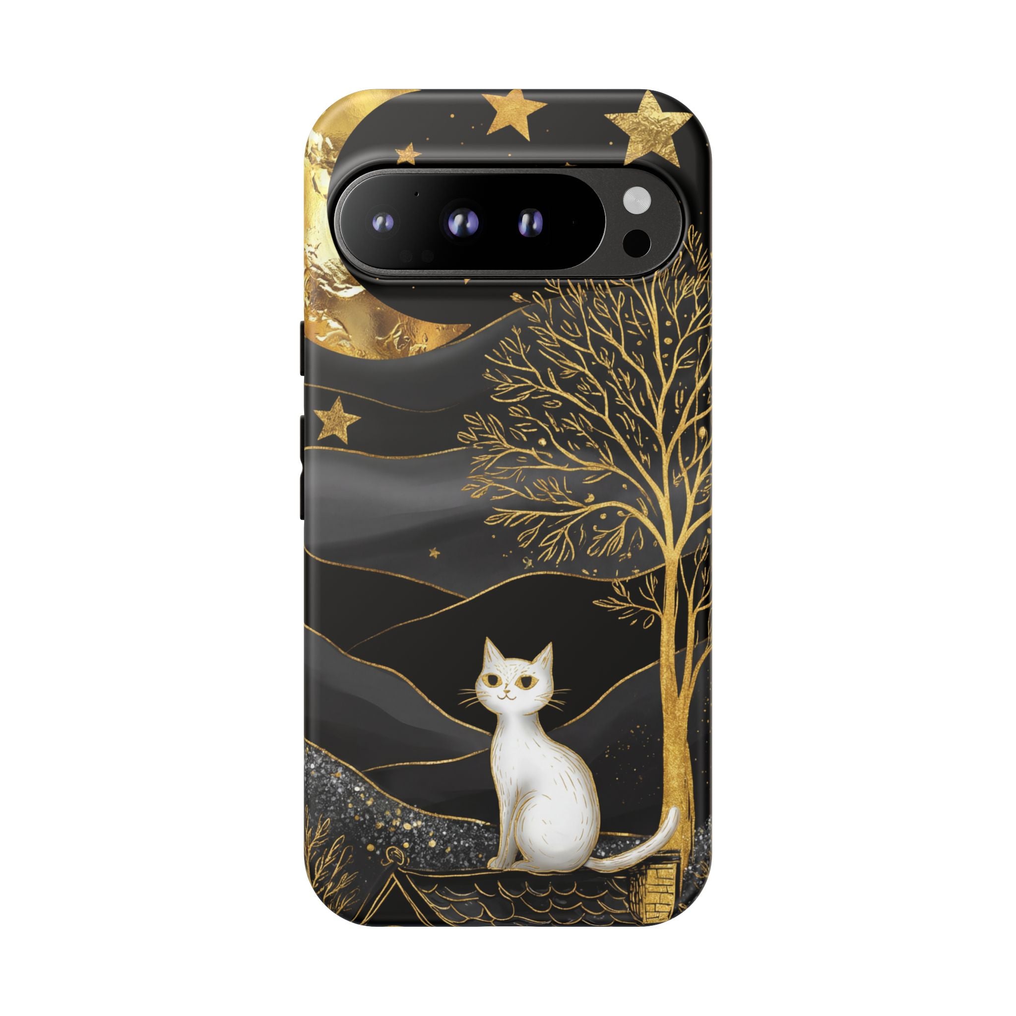 Mystic Night Cat Google Pixel Case | Gold Tree & Stars Tough Case
