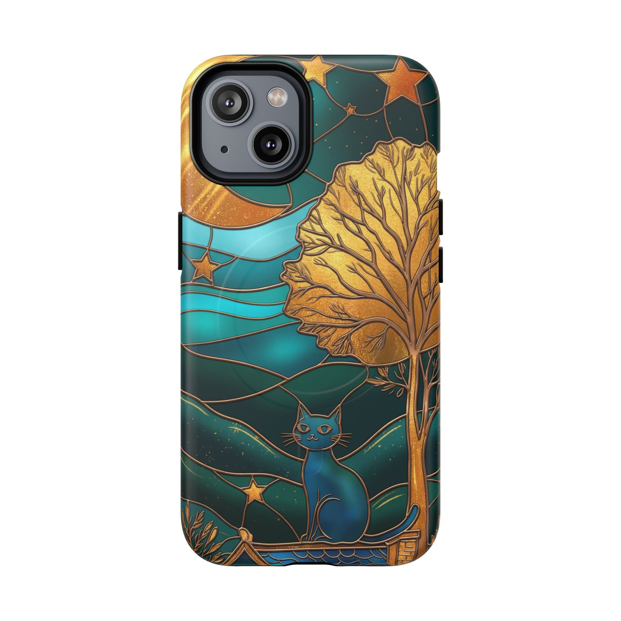 Art Nouveau Cat iPhone Case | Stained Glass Moon & Tree Tough MagSafe Case