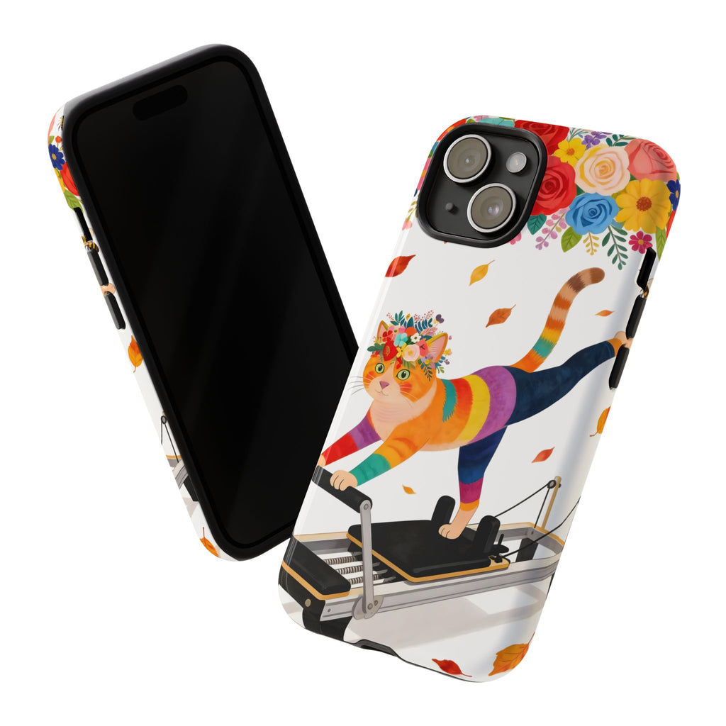 Cat Pilates iPhone Case | Floral Rainbow Cat on Reformer