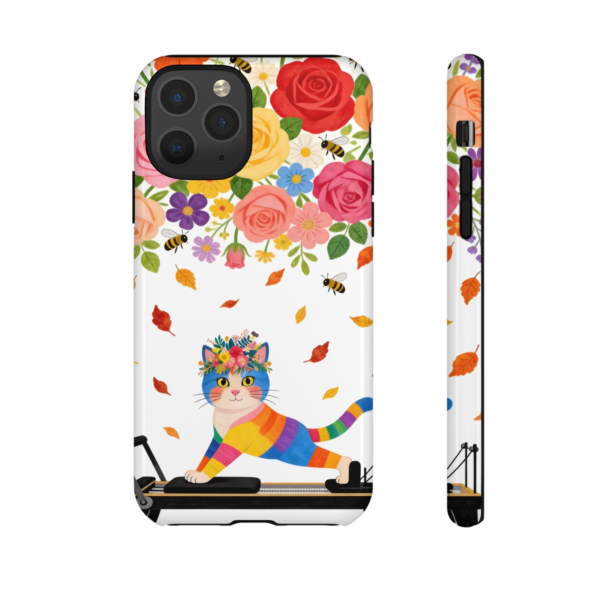 Floral Rainbow Cat Tough iPhone Case — Colorful Pilates Cat Design