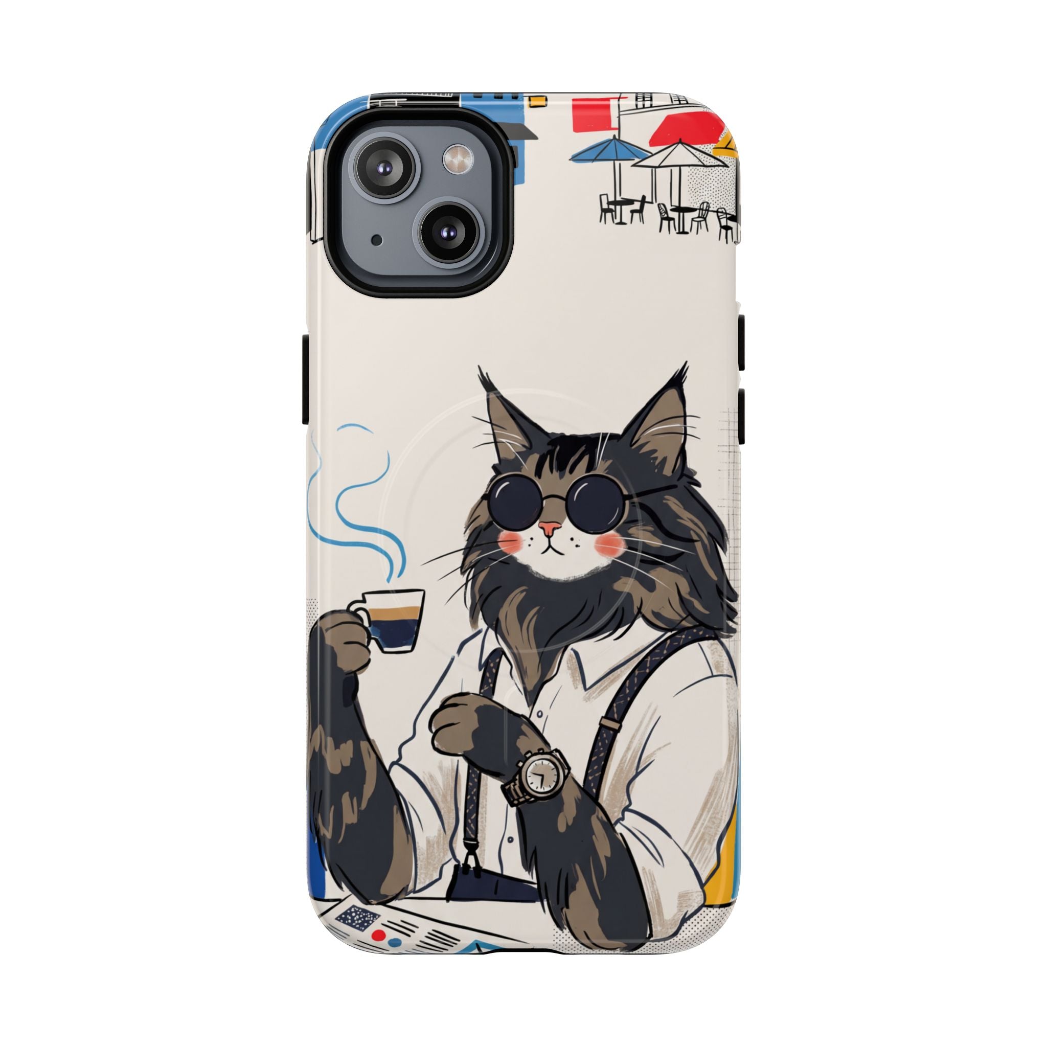 Cat Barista MagSafe iPhone Case | Cool Cat in Sunglasses Coffee Shop Design