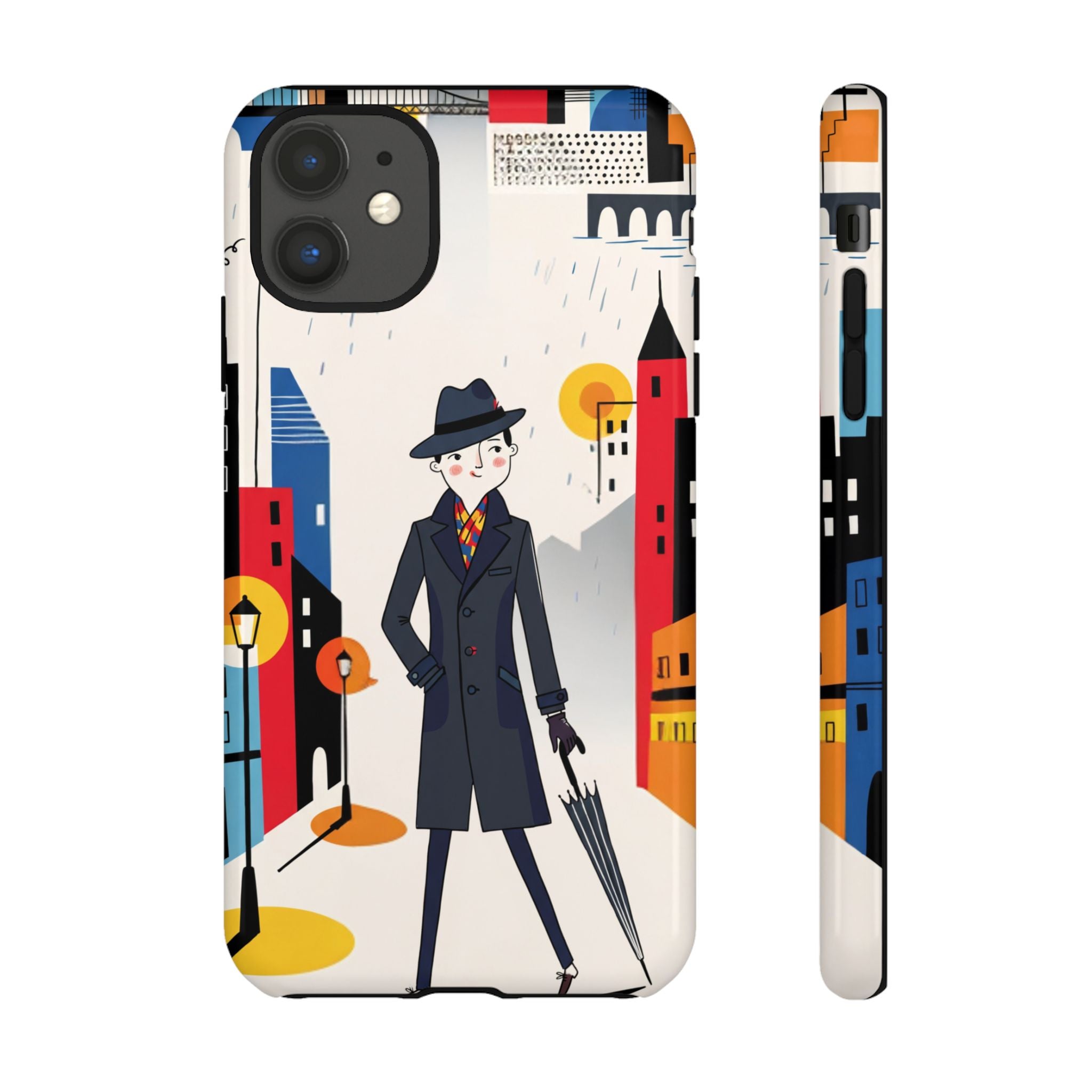Retro Gentleman in Cityscape Illustration iPhone Case