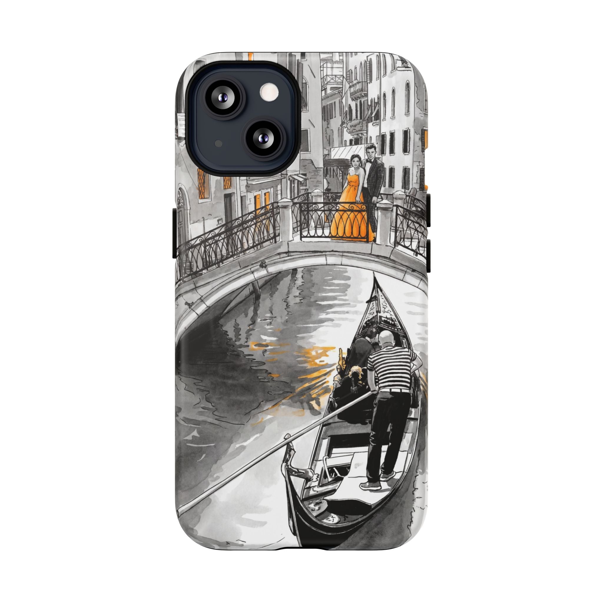 Custodia per iPhone Gondola di Venezia | Custodia MagSafe resistente con motivo schizzo in bianco e nero e dettagli dorati