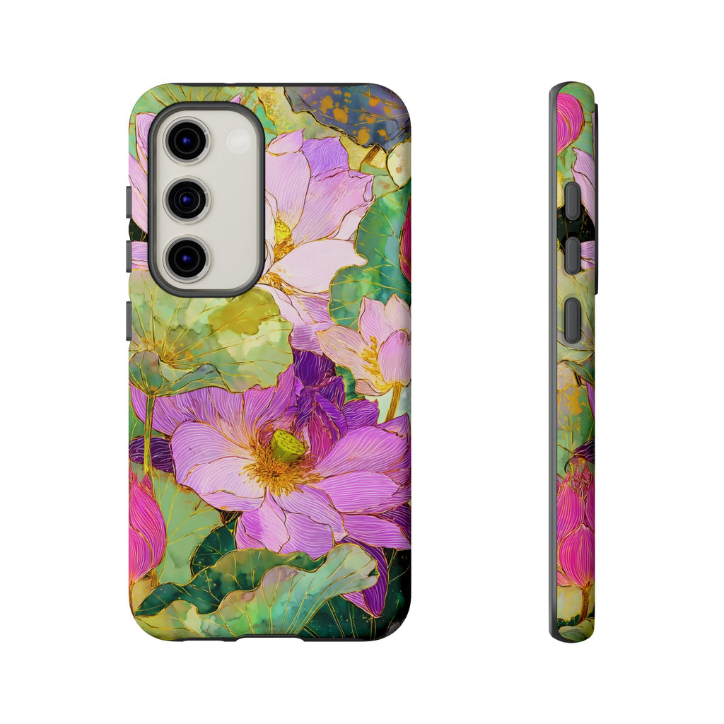 Custodia Protettiva Resistente per Telefono Samsung Galaxy con Acquerello Floreale | Cover Protettiva Giardino di Loto Rosa