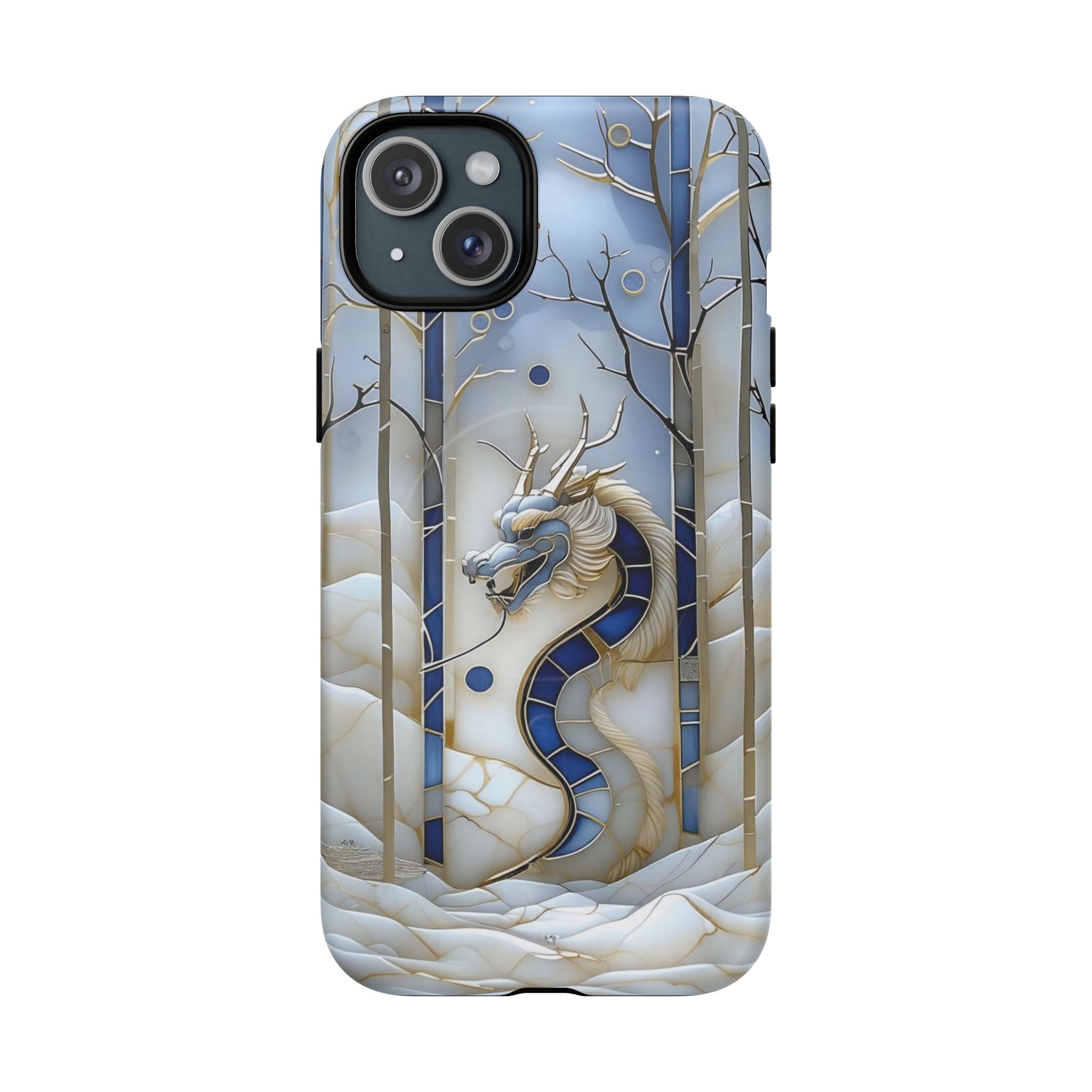 Dragon Stained Glass Tough MagSafe Phone Case — Blue & Ivory Medieval Art