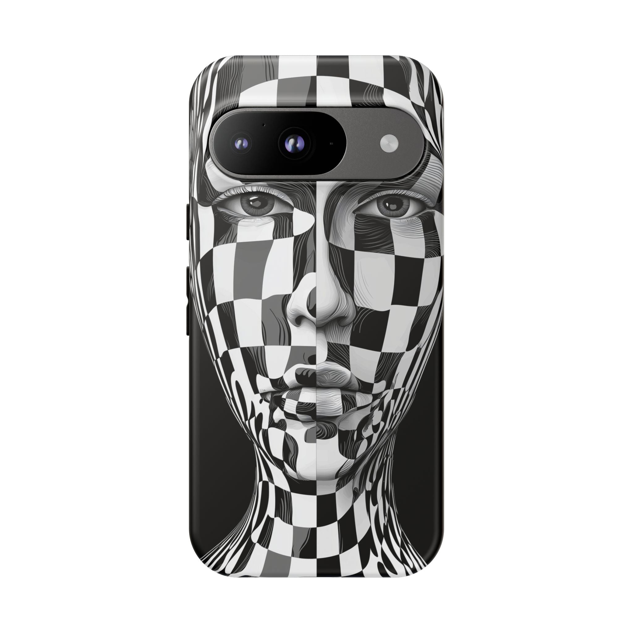 Checkerboard Face Tough Google Pixel Case — Black & White Surreal Art Protective Cover