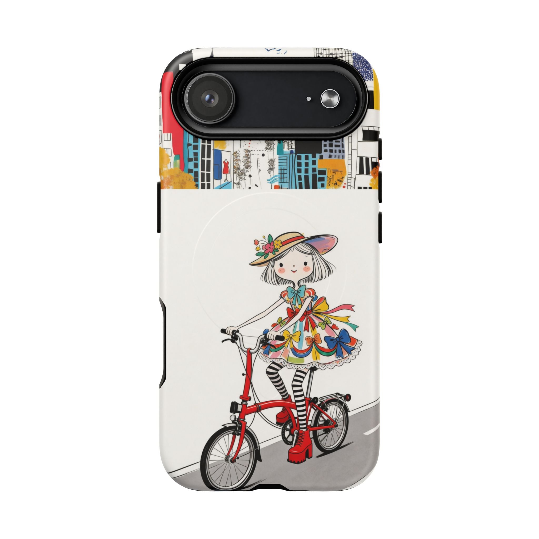Whimsical Girl on Brompton Bicycle Urban Illustration MagSafe iPhone Case