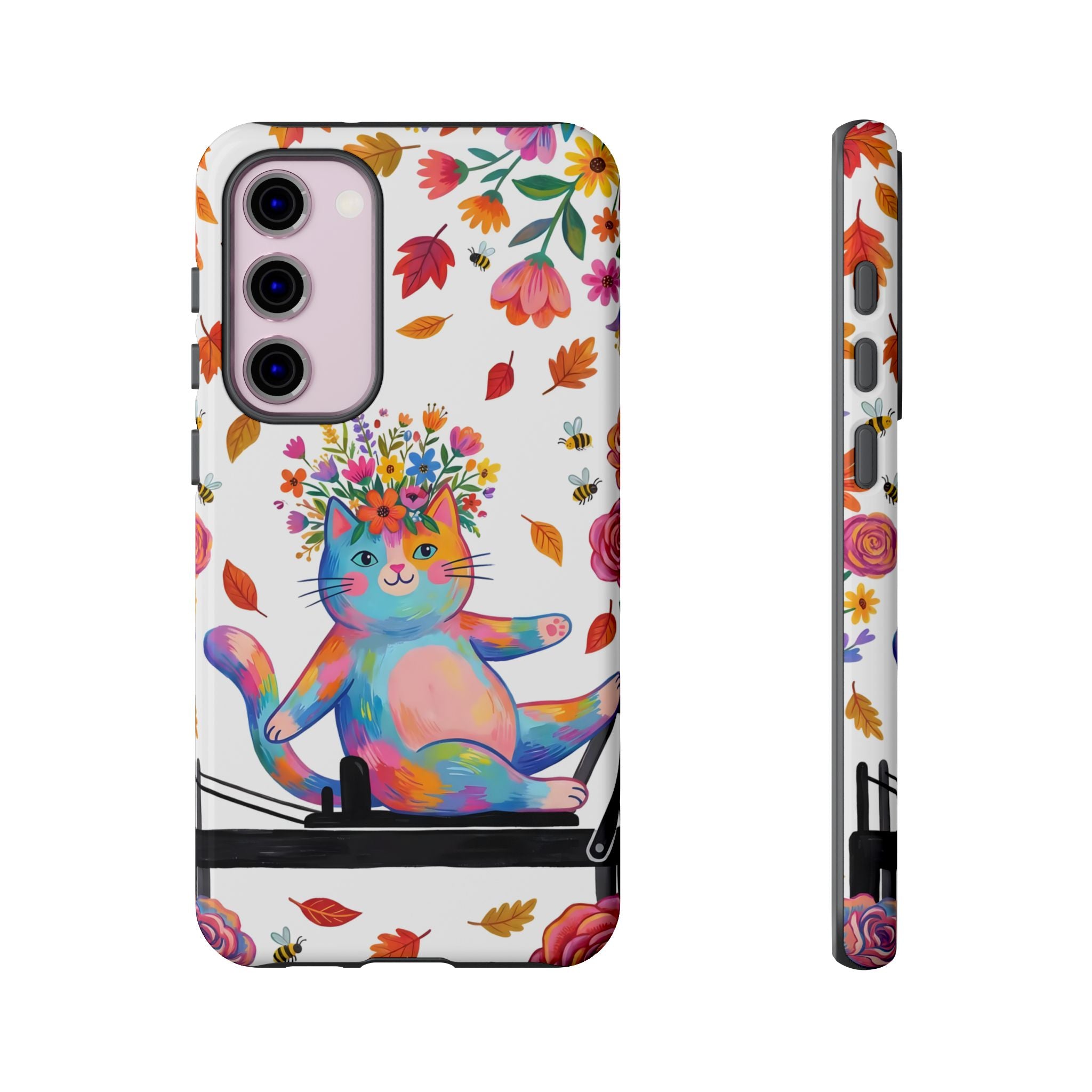 Colorful Floral Cat on Pilates Reformer Protective Samsung Galaxy Phone Case