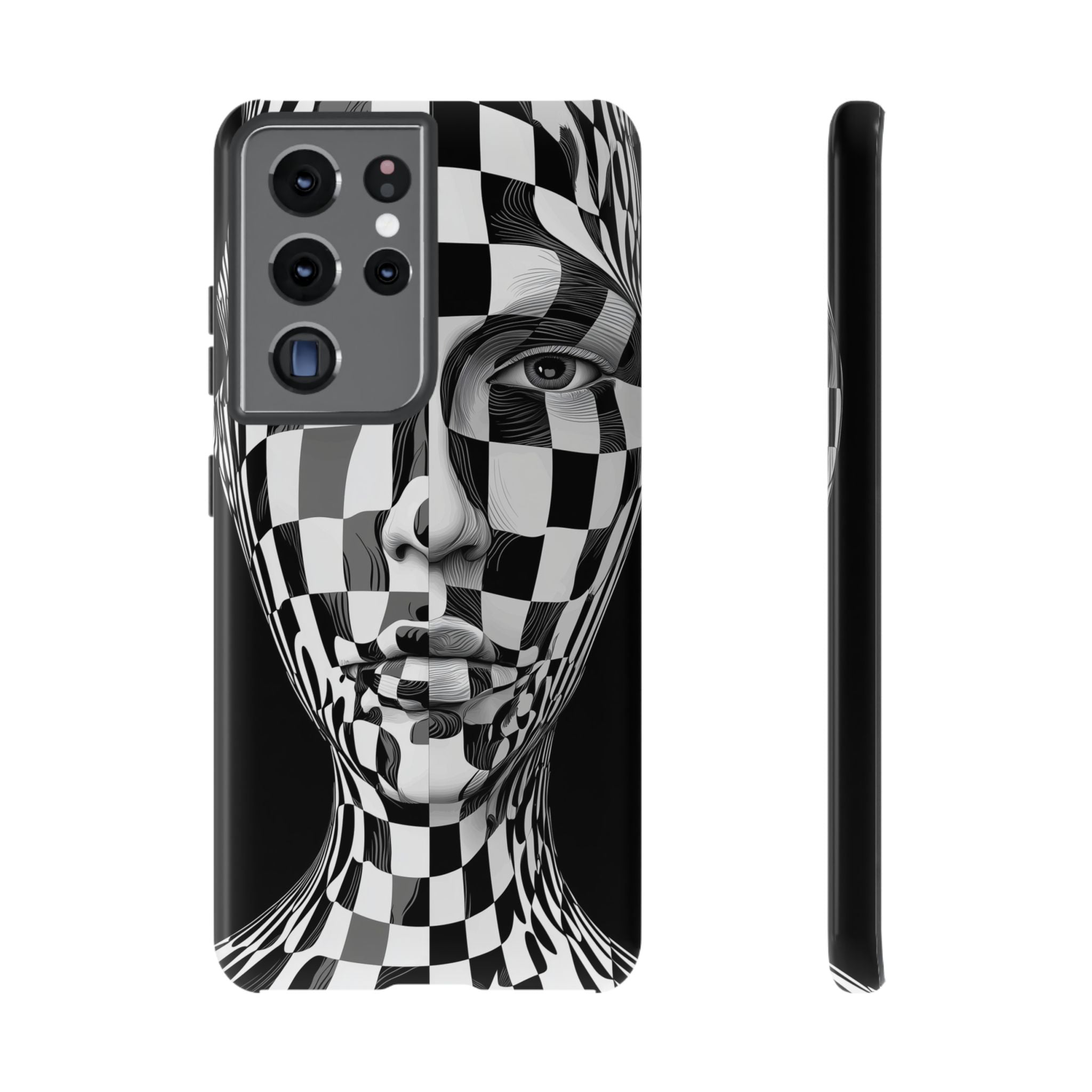 Checkerboard Face Tough Samsung Galaxy Case — Black & White Surreal Art Protective Cover