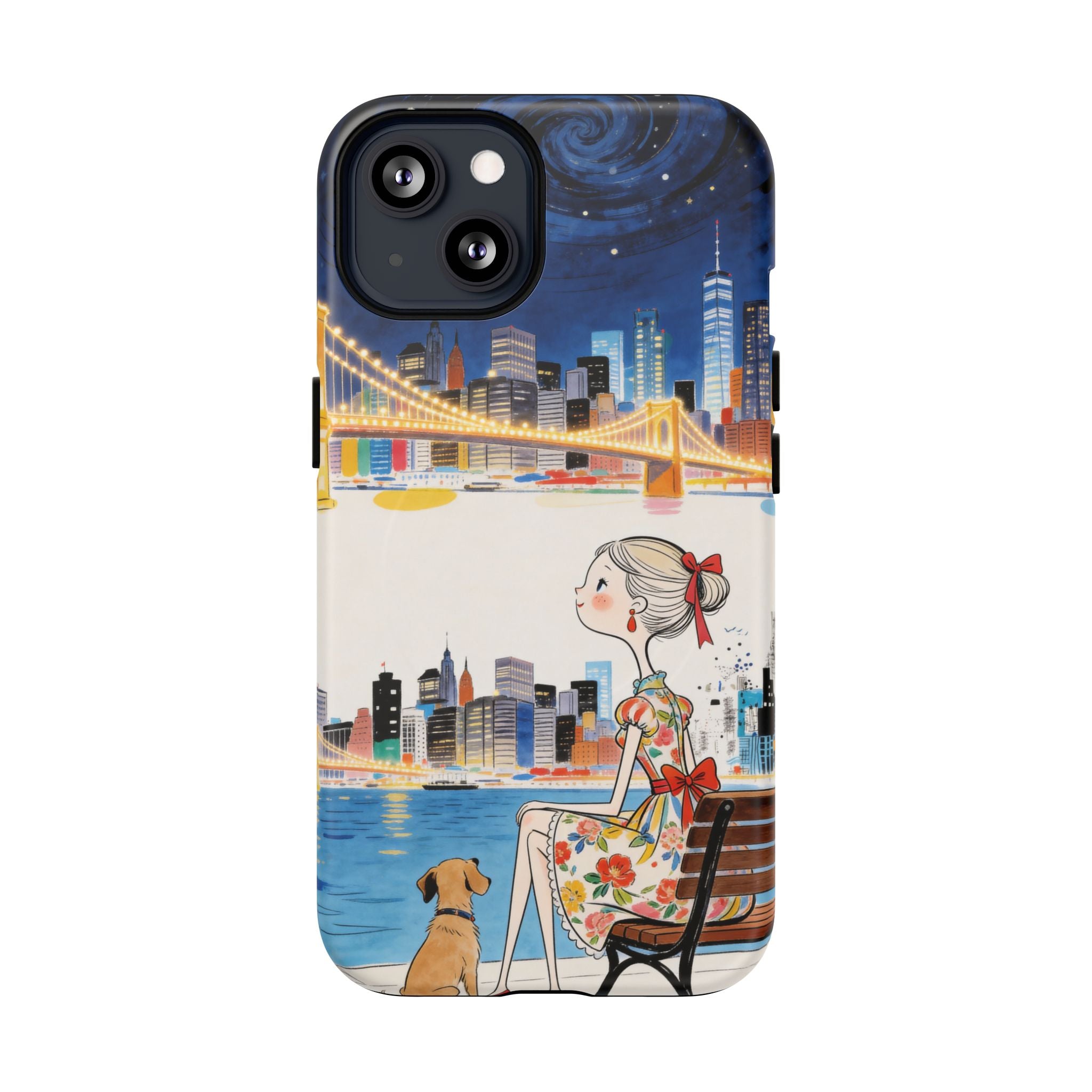 City Night MagSafe iPhone Case | Cute Girl & Dog Bench Illustration