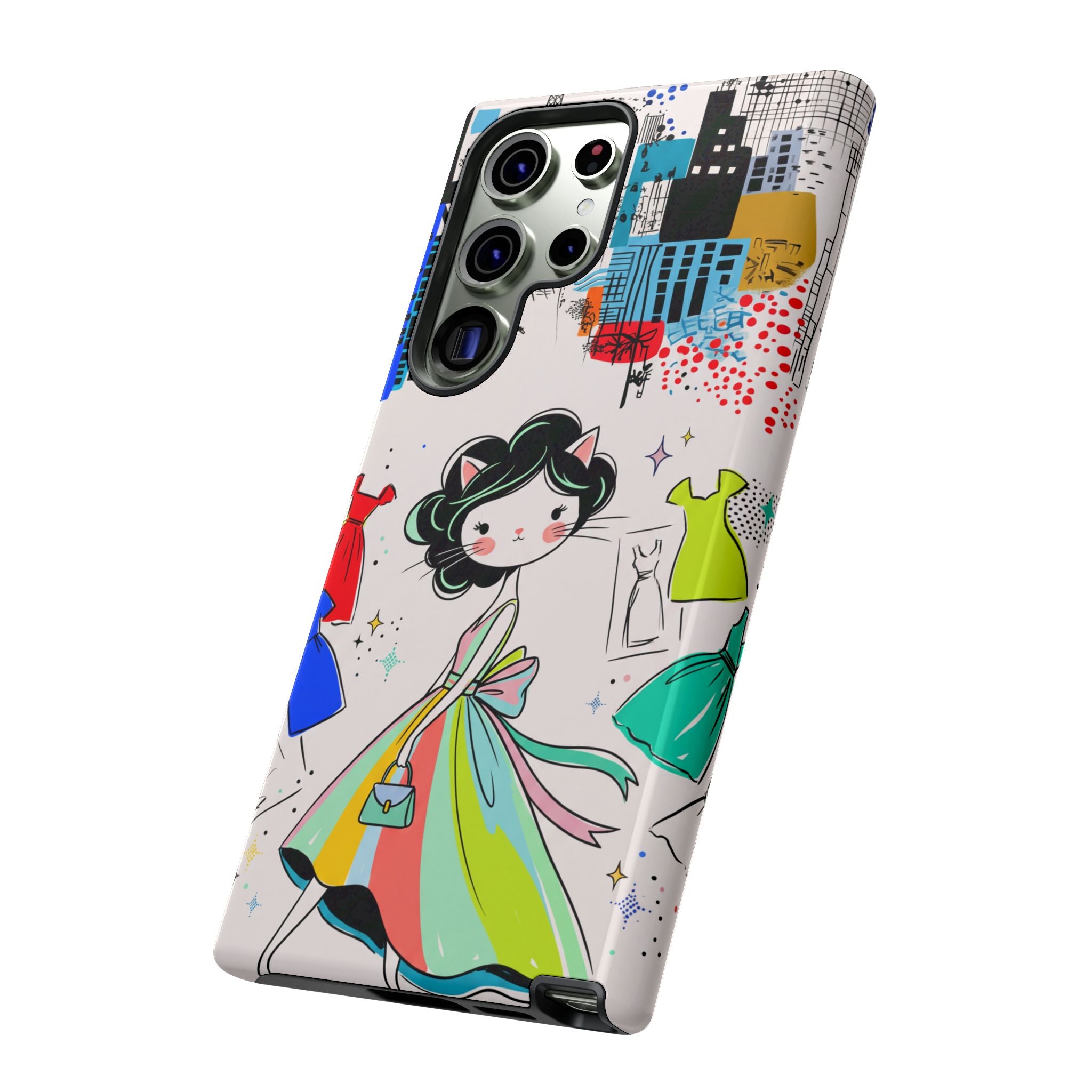 Retro Fashion Cat Girl Samsung Galaxy Phone Case | Cute Dress & City Print