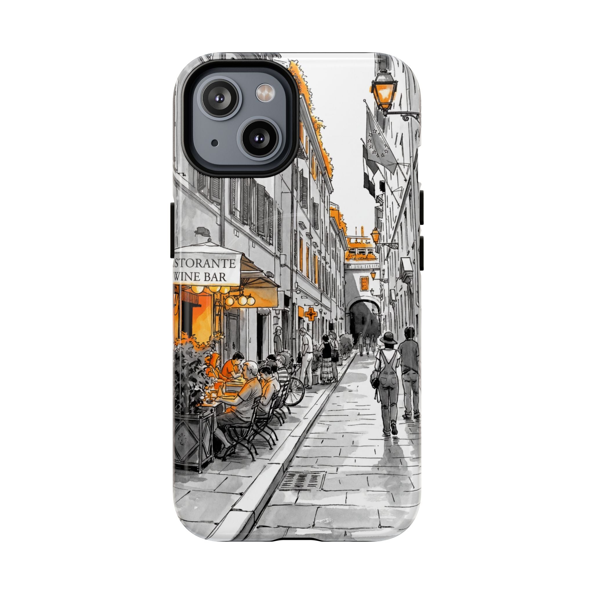 Custodia per iPhone con scena di strada in Italia | Custodia MagSafe resistente con dettagli arancioni