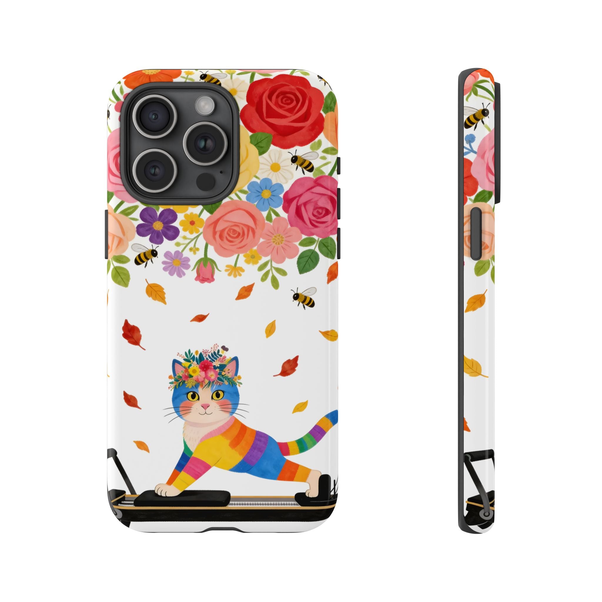 Floral Rainbow Cat Tough iPhone Case — Colorful Pilates Cat Design