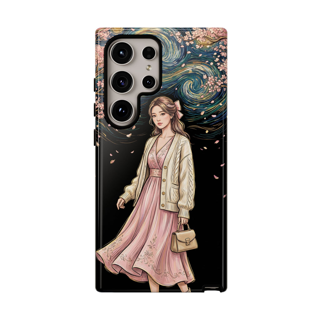 Floral Starry Night Samsung Galaxy Phone Case | Elegant Girl in Pink Dress