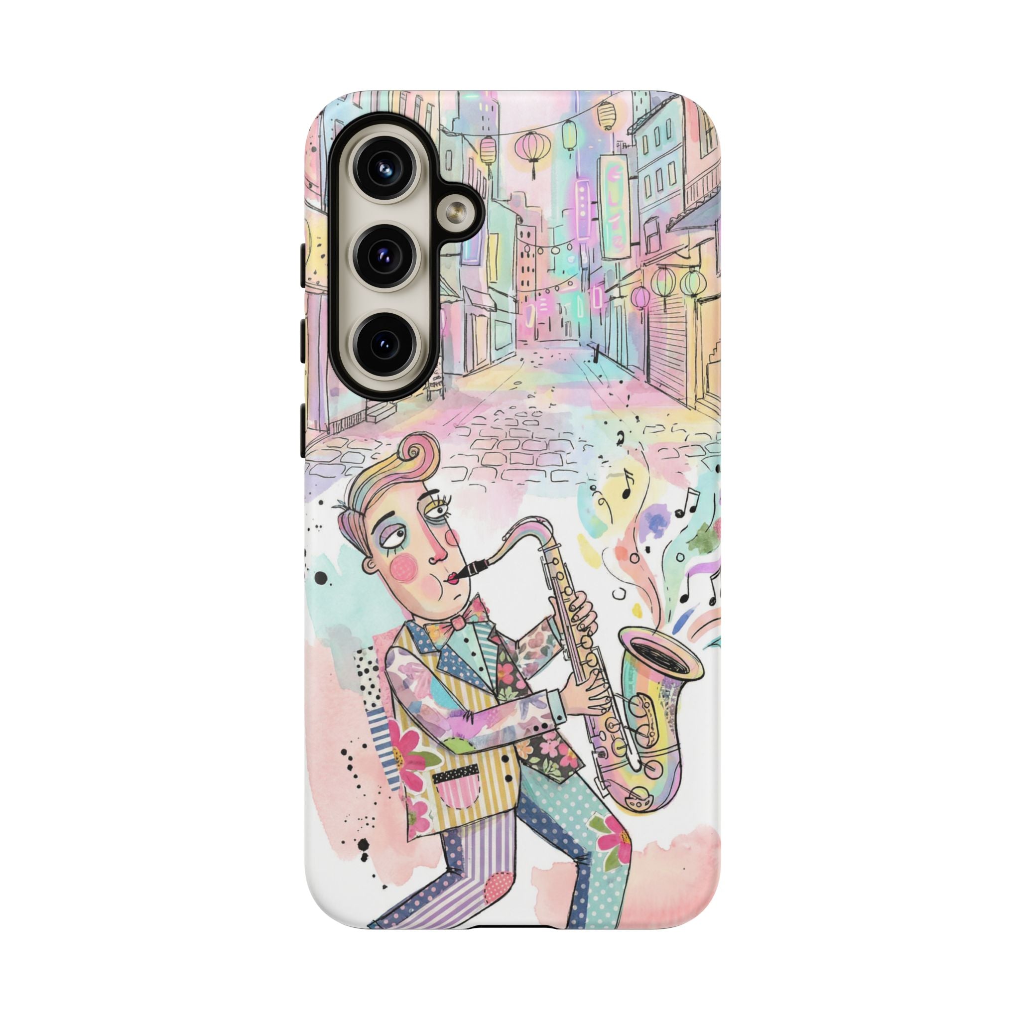 Sax Player Art Samsung Galaxy Phone Case | Pastel Jazz Street Illustration