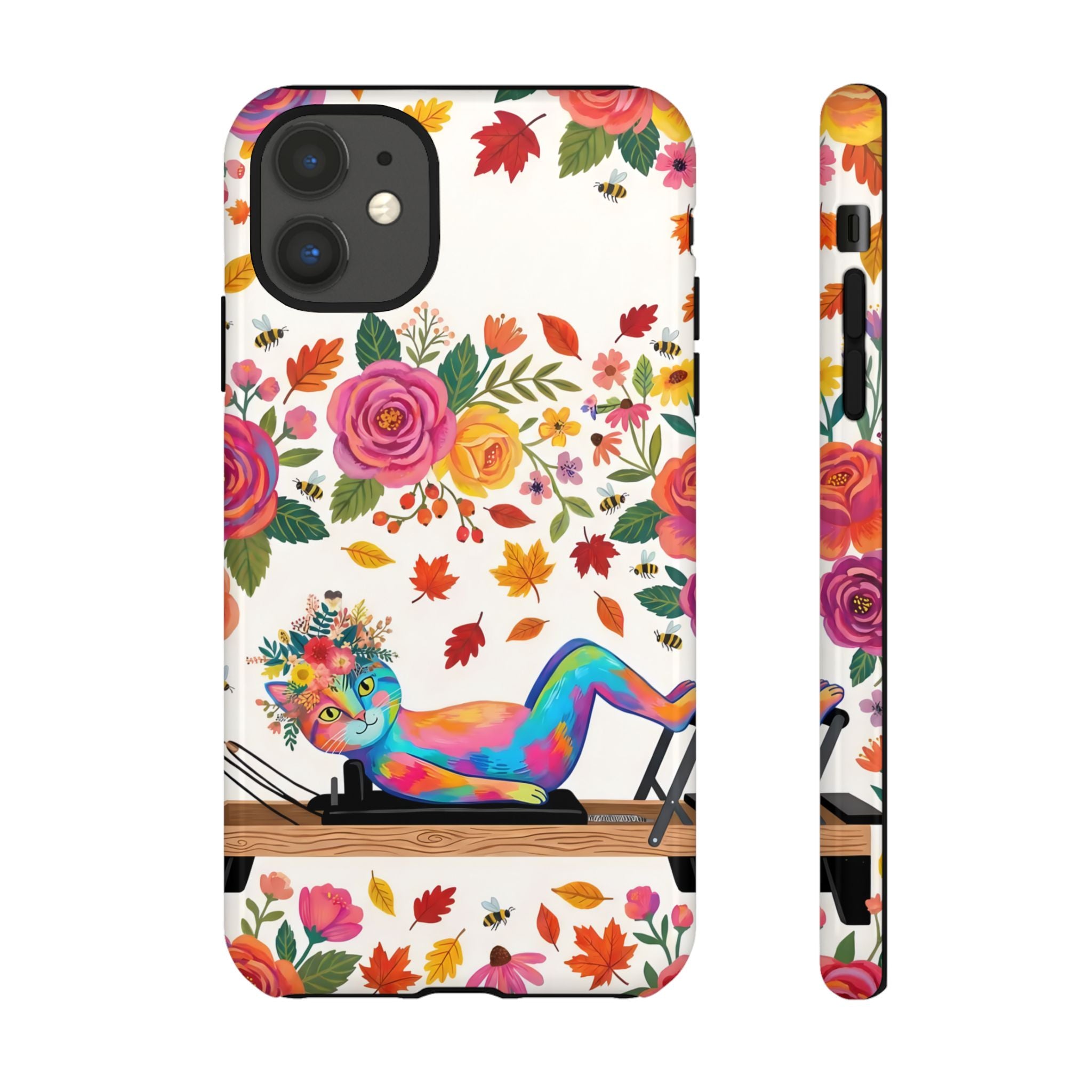 Autumn Floral Pilates iPhone Case | Colorful Rainbow Pilates Cat on Falling Leaves