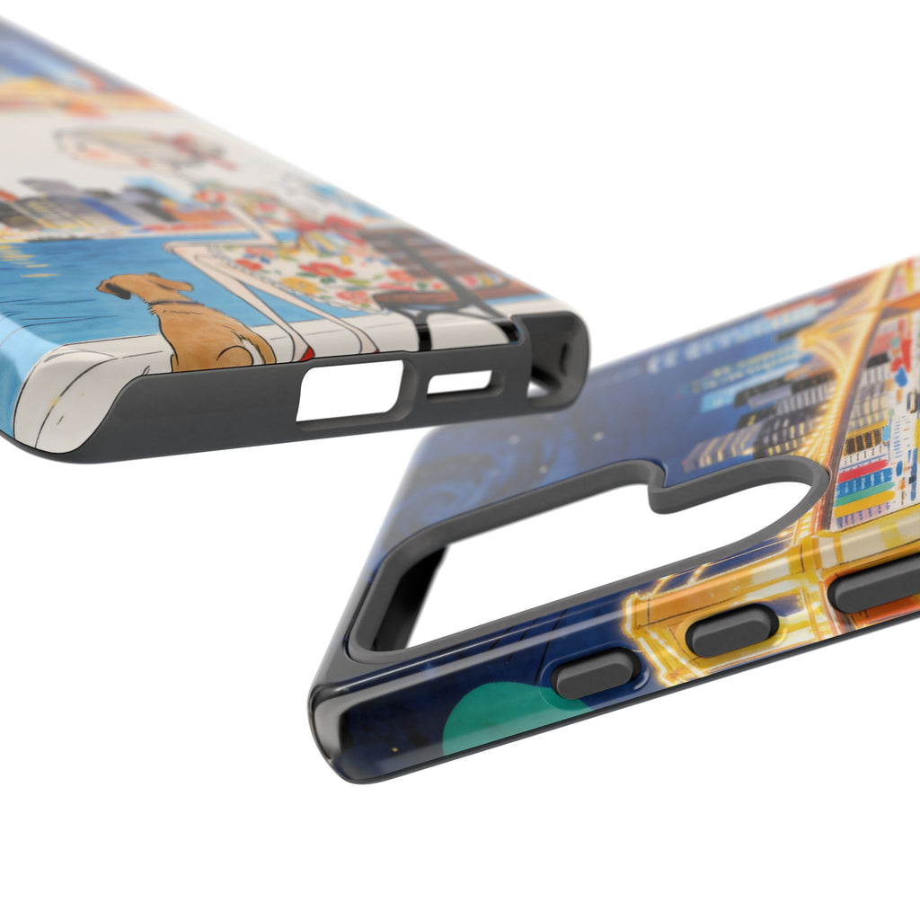 City Night Samsung Galaxy Phone Case | Cute Girl & Dog Bench Illustration