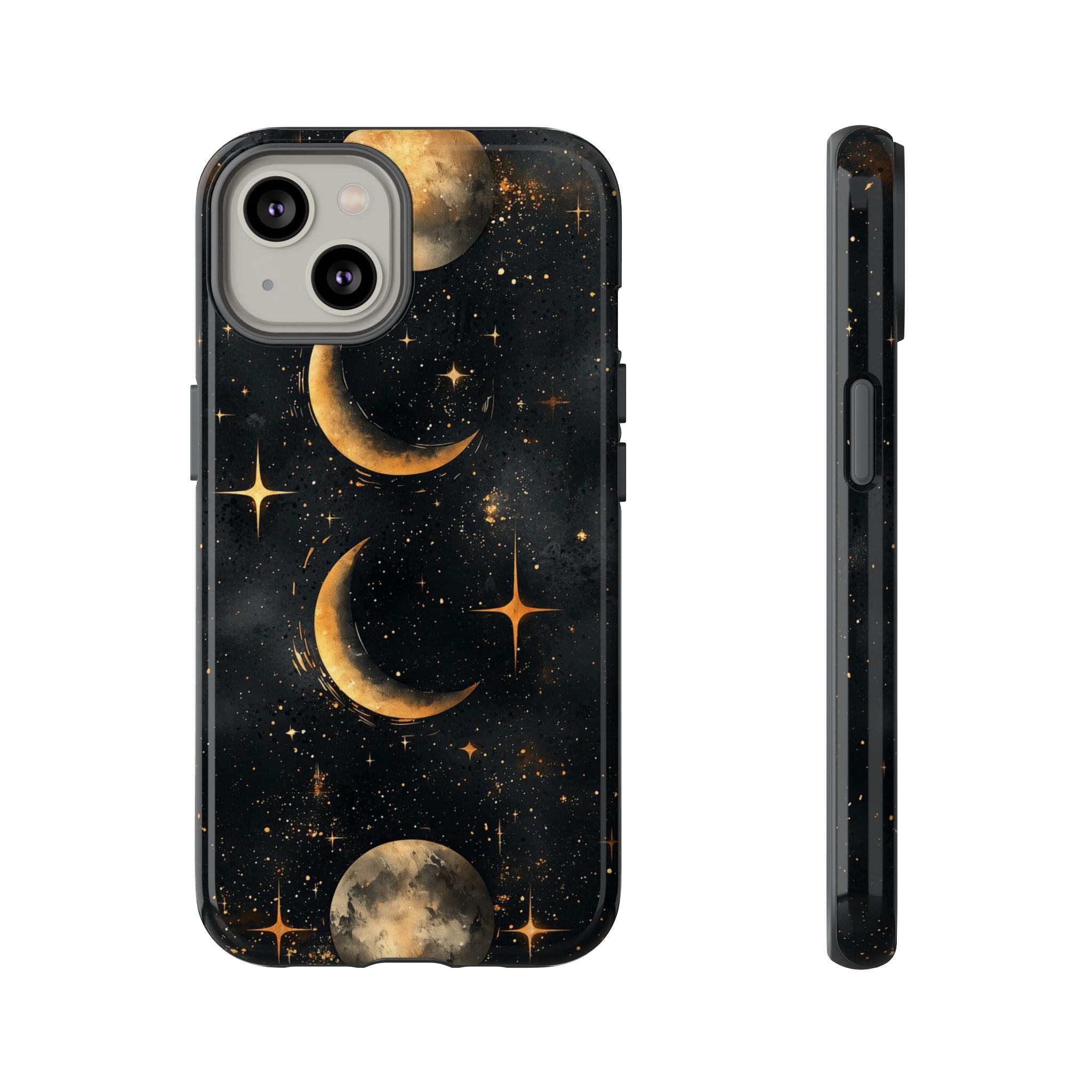 Celestial Moon Phases Tough iPhone Case | Gold Crescent & Full Moon Galaxy Design
