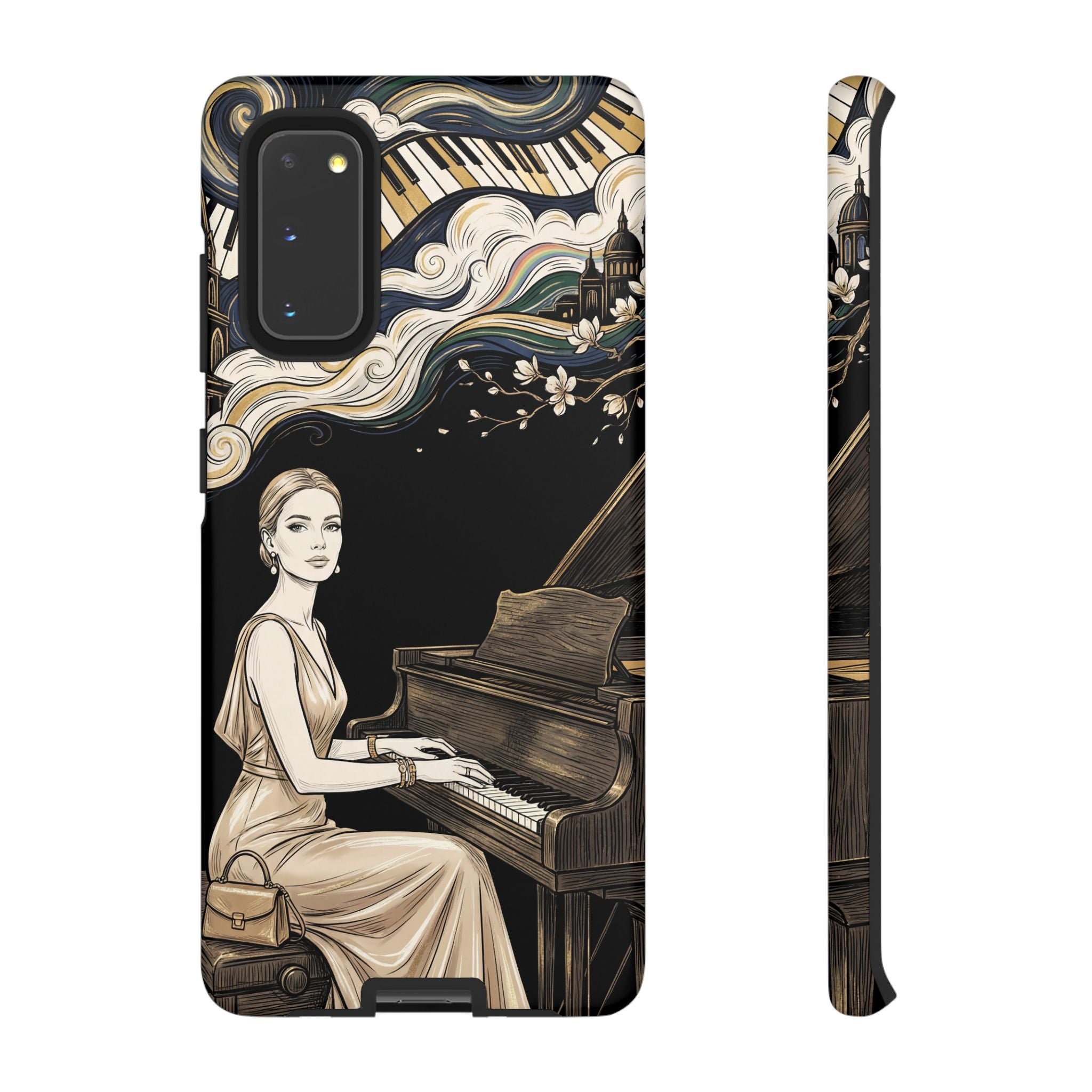 Elegant Piano Woman Samsung Galaxy Phone Case | Vintage Art Deco Music Design