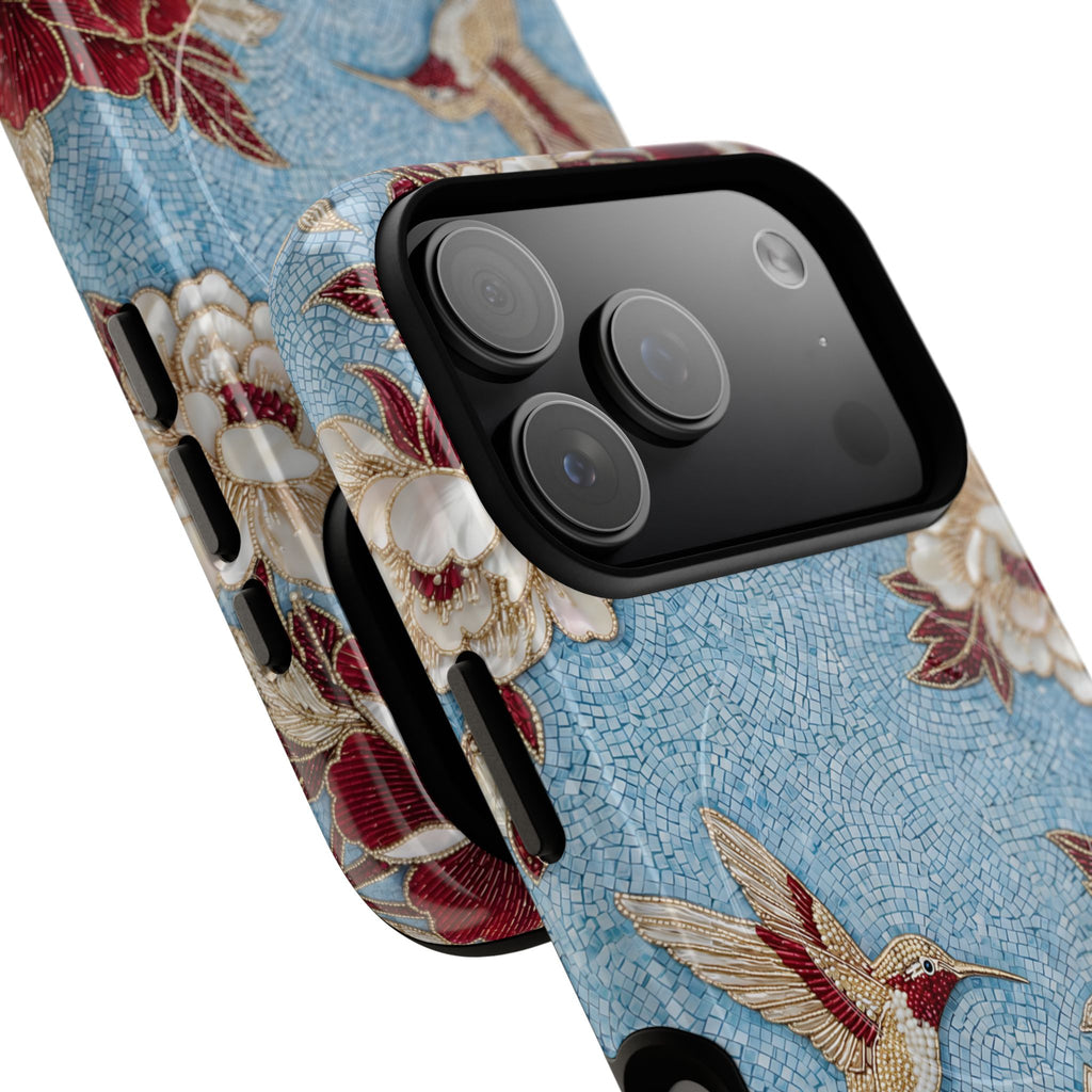 Cover iPhone MagSafe "Colibrì Floreale" Robusta | Design Botanico Vintage Blu e Borgogna