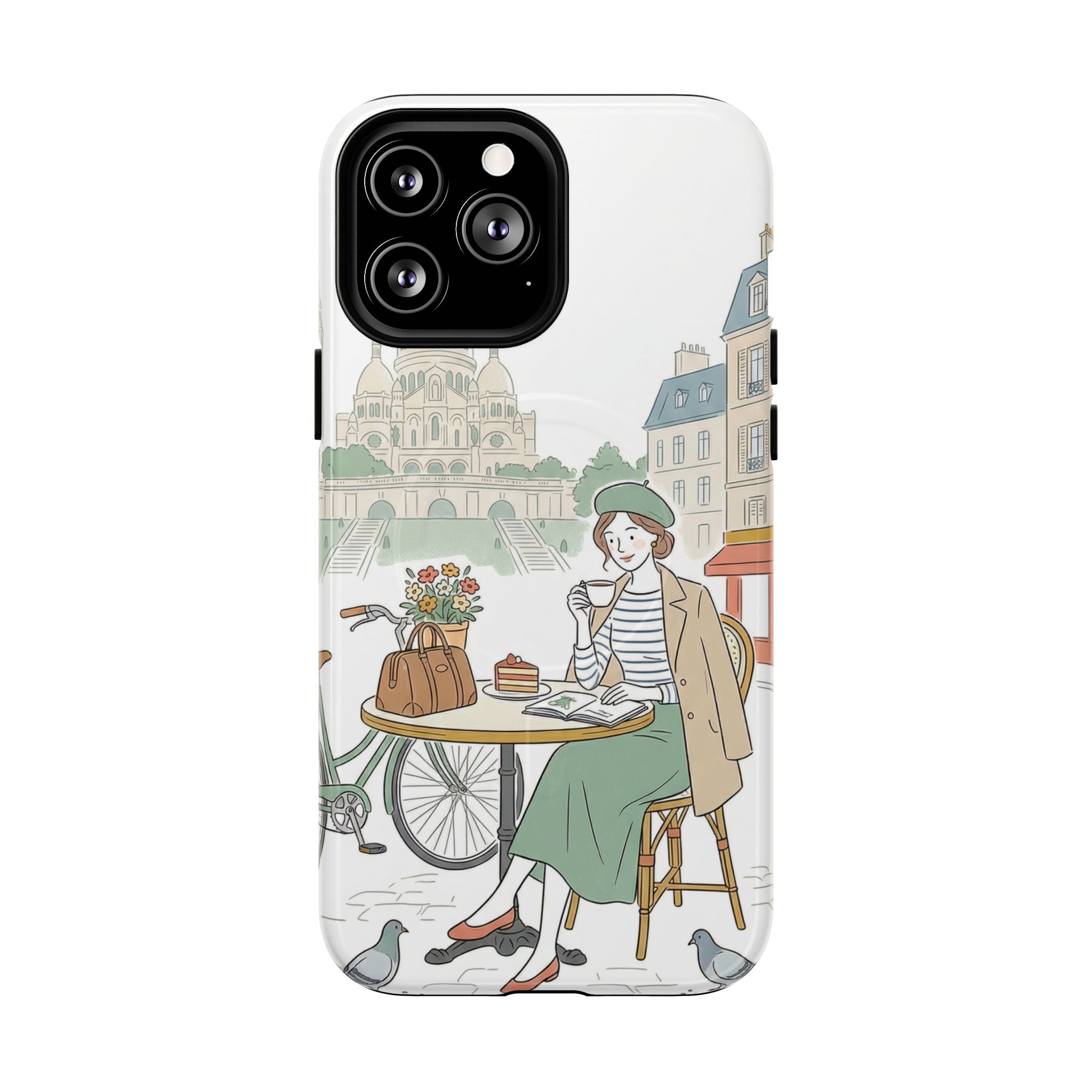 Paris Cafe Illustration MagSafe iPhone Case | Vintage Bicycles & Pigeons Protective Cover