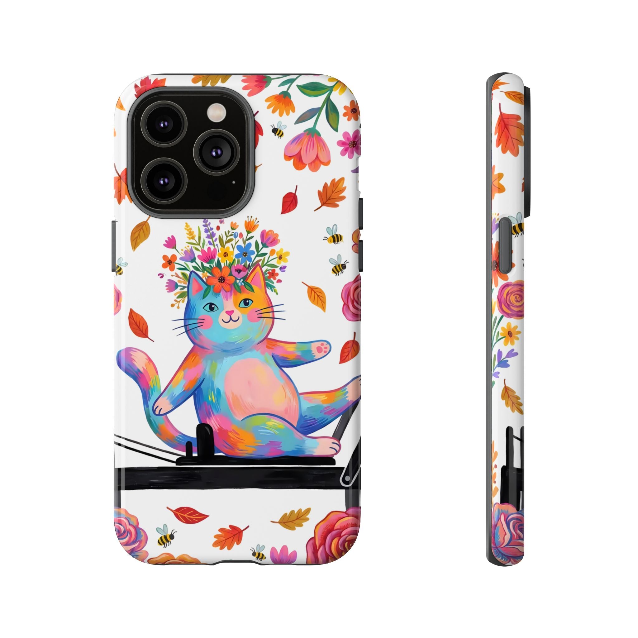Colorful Floral Cat on Pilates Reformer Protective iPhone Case