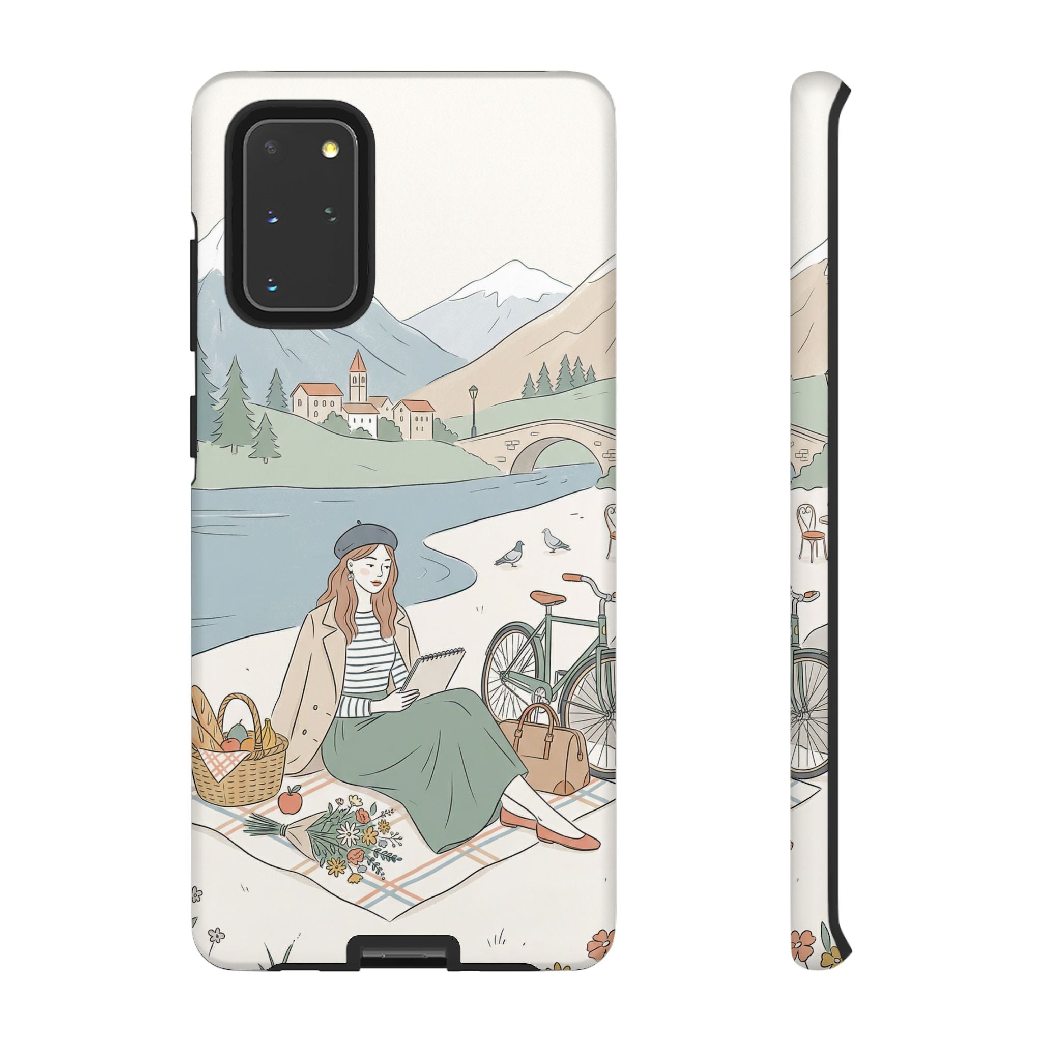 Scenic Picnic Samsung Galaxy Phone Case | Vintage Bicycle & Mountain Illustration