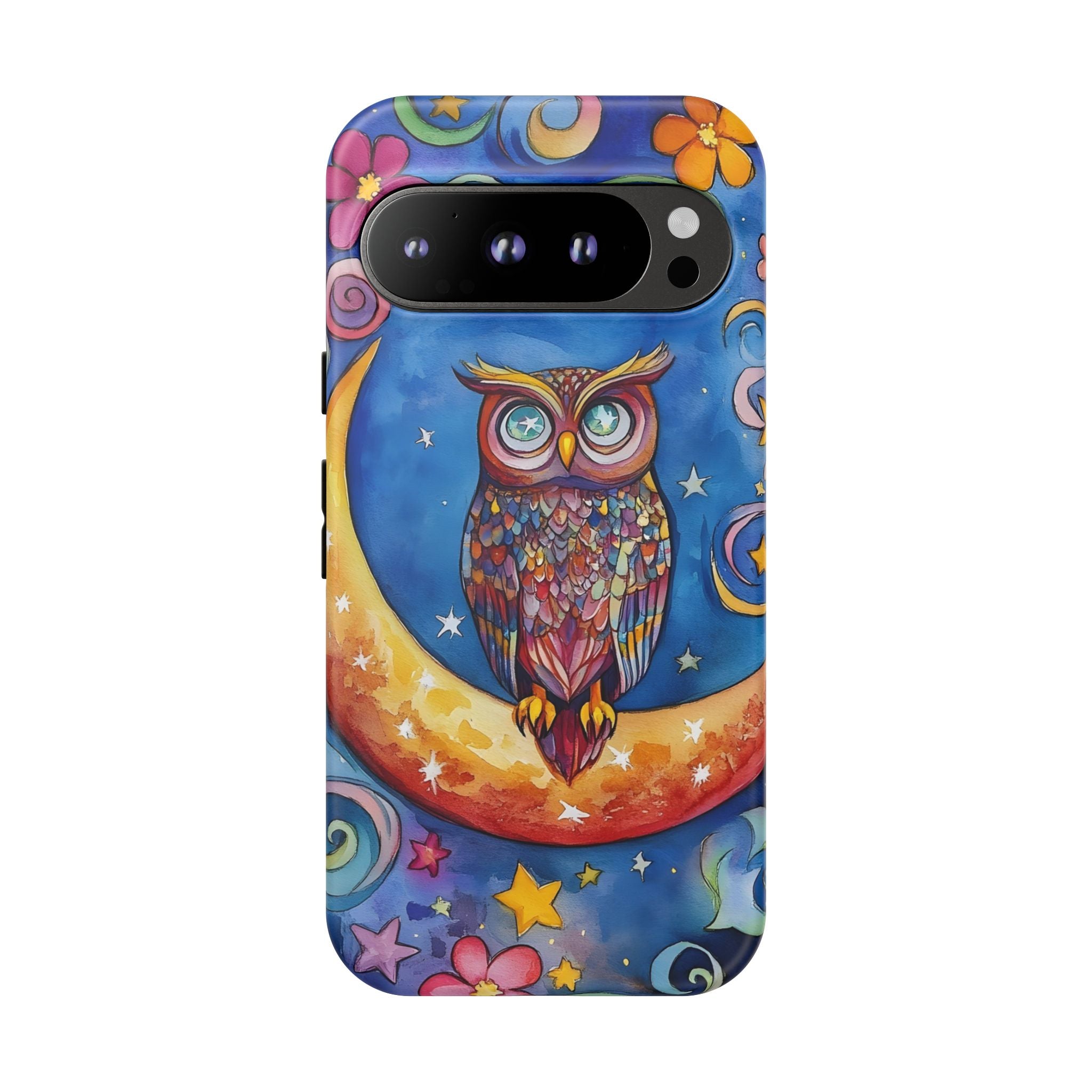 Owl on Crescent Moon Google Pixel Case — Colourful Whimsical Night Sky Design
