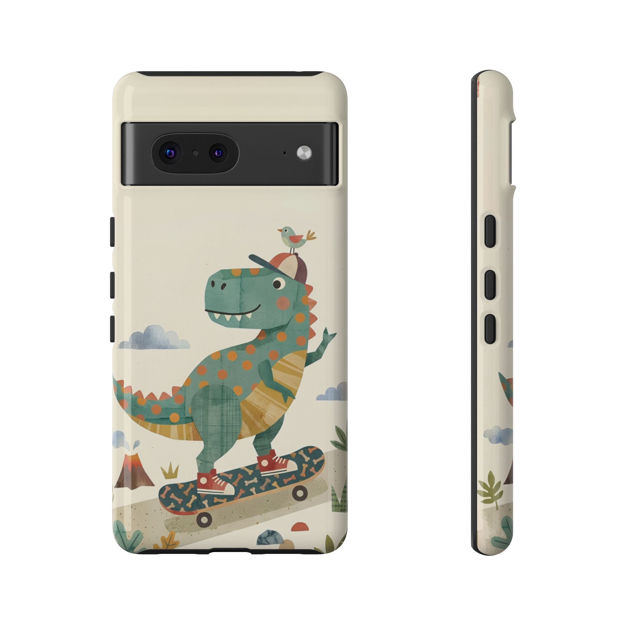 Cute Skateboarding Dinosaur Tough Google Pixel Phone Case | Vintage Kid Aesthetic T Rex Cover