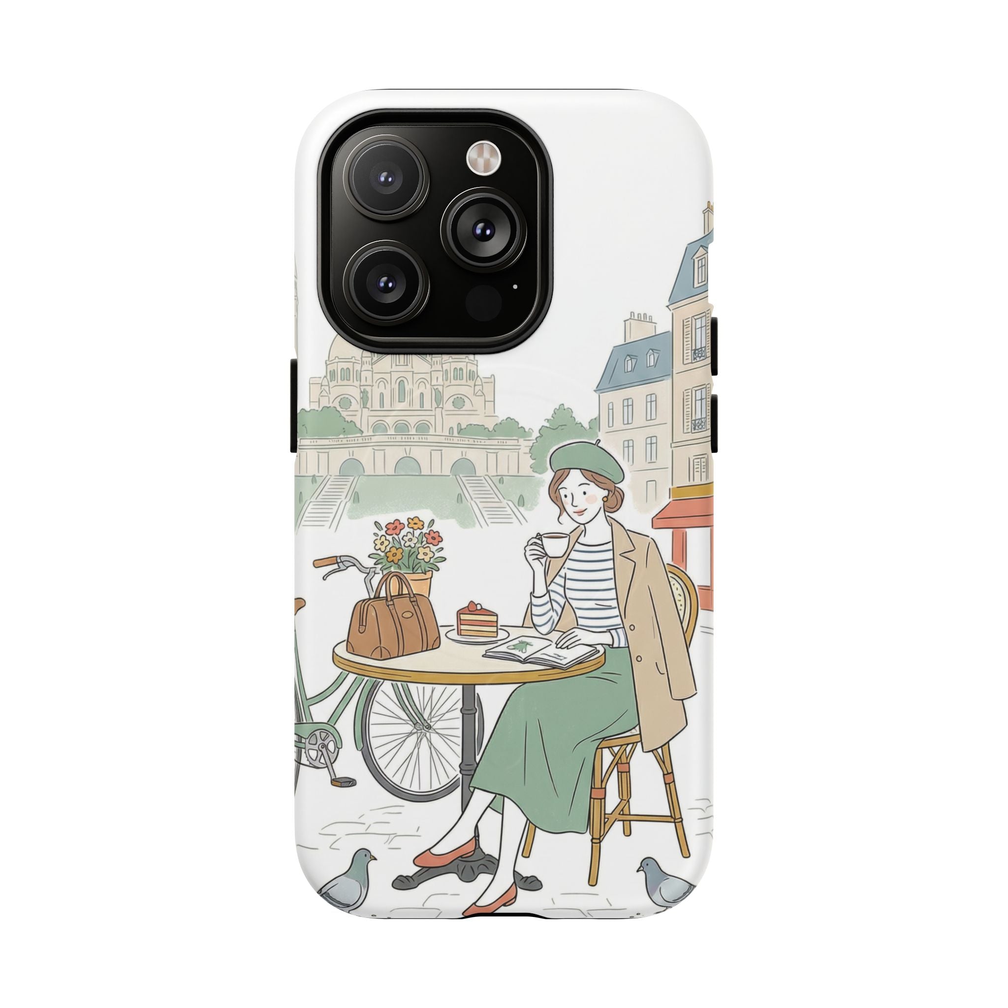 Paris Cafe Illustration MagSafe iPhone Case | Vintage Bicycles & Pigeons Protective Cover
