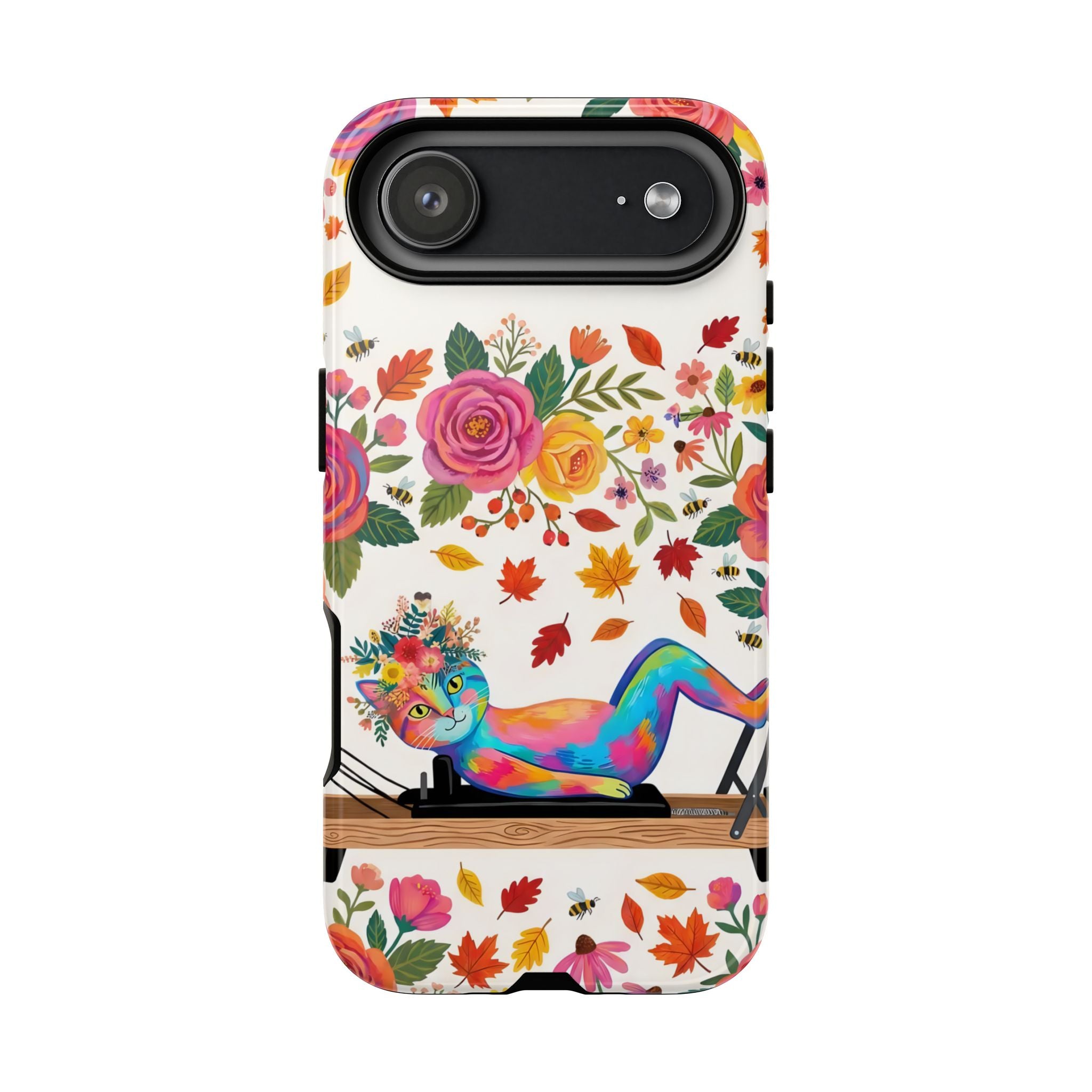 Autumn Floral Pilates iPhone Case | Colorful Rainbow Pilates Cat on Falling Leaves