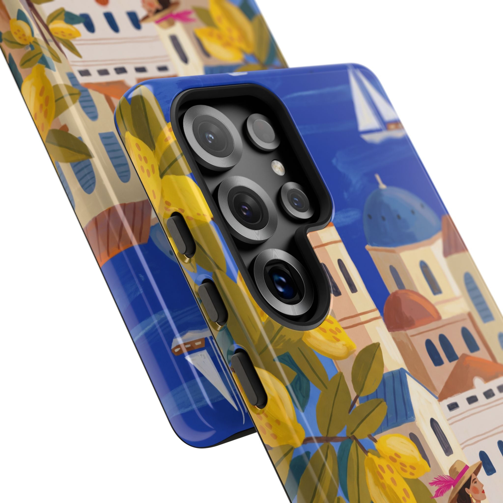 Mediterranean Village Samsung Galaxy Phone Case | Scenic Sailboat & Lemon Grove Design