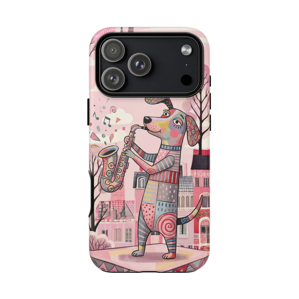 Saxophone Dog iPhone Case | Cute Pink Musical Art Protective Case