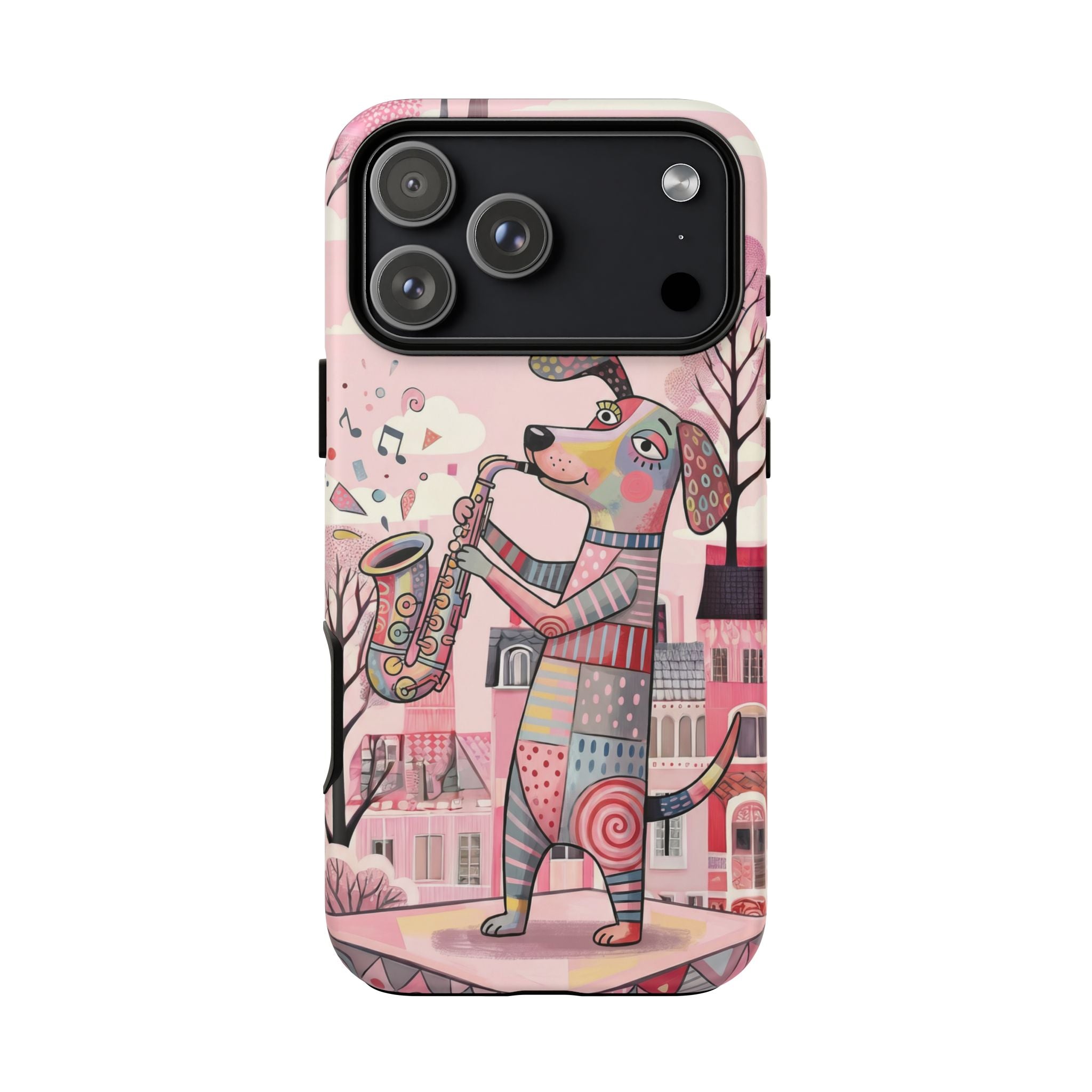 Saxophone Dog iPhone Case | Cute Pink Musical Art Protective Case