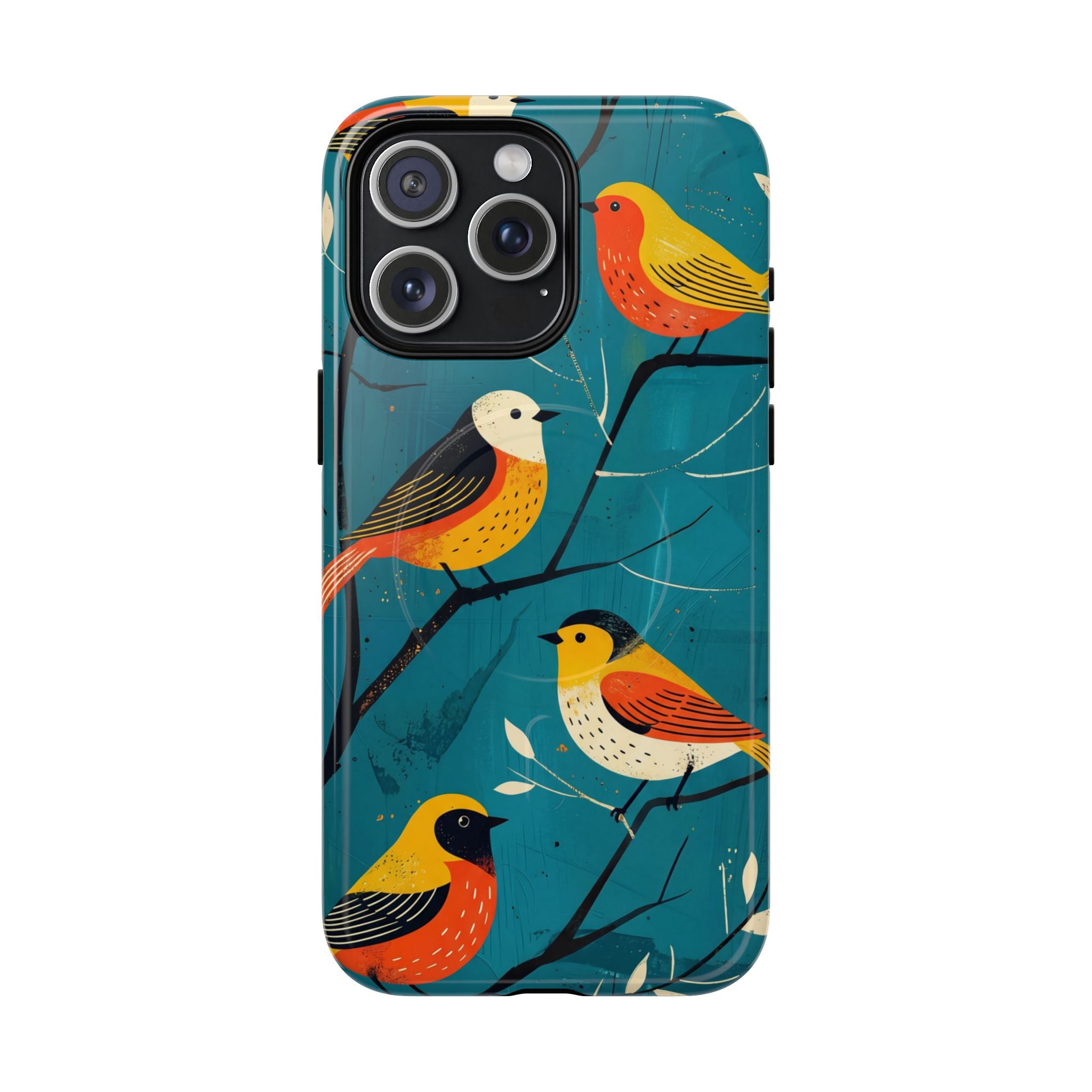 Bird Pattern Tough MagSafe iPhone Case | Colourful Songbirds on Teal Background