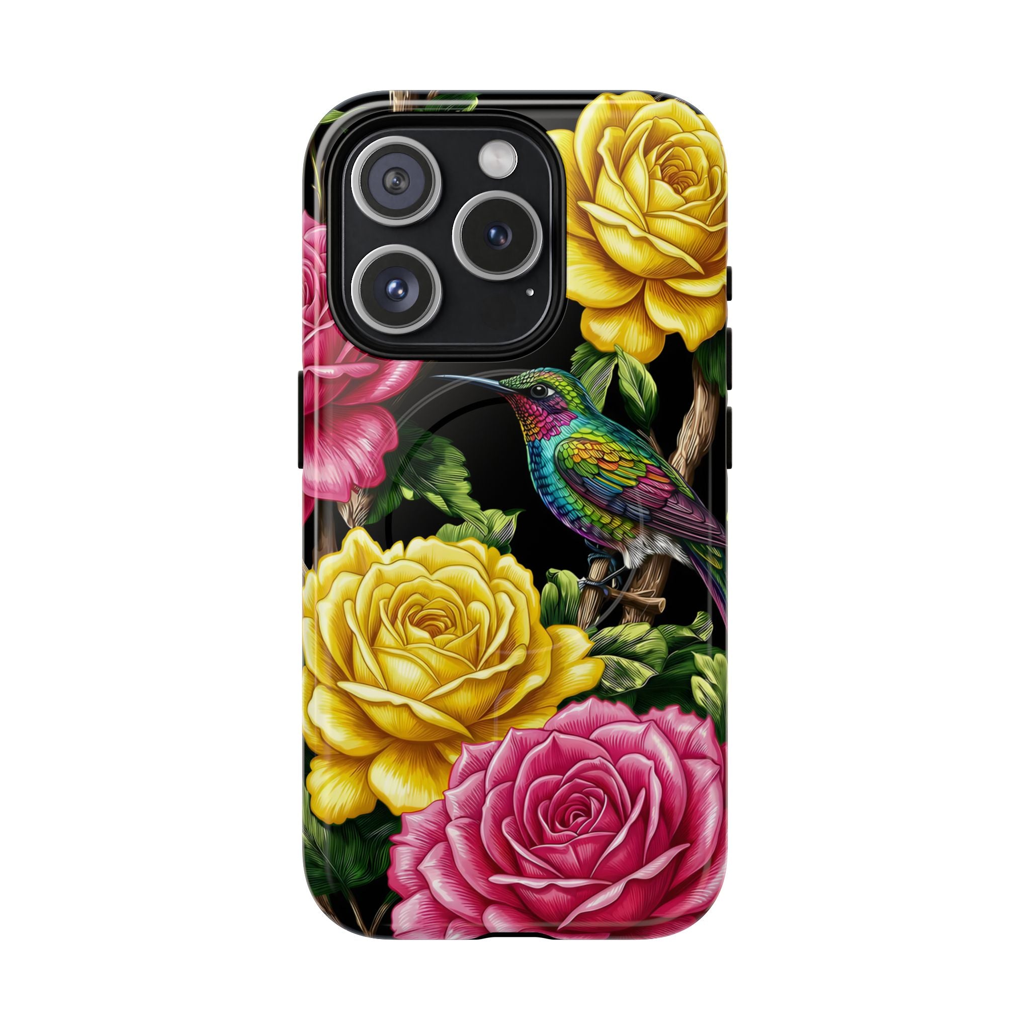 Floral Hummingbird Tough MagSafe iPhone Case | Vibrant Rose & Yellow Garden Protection