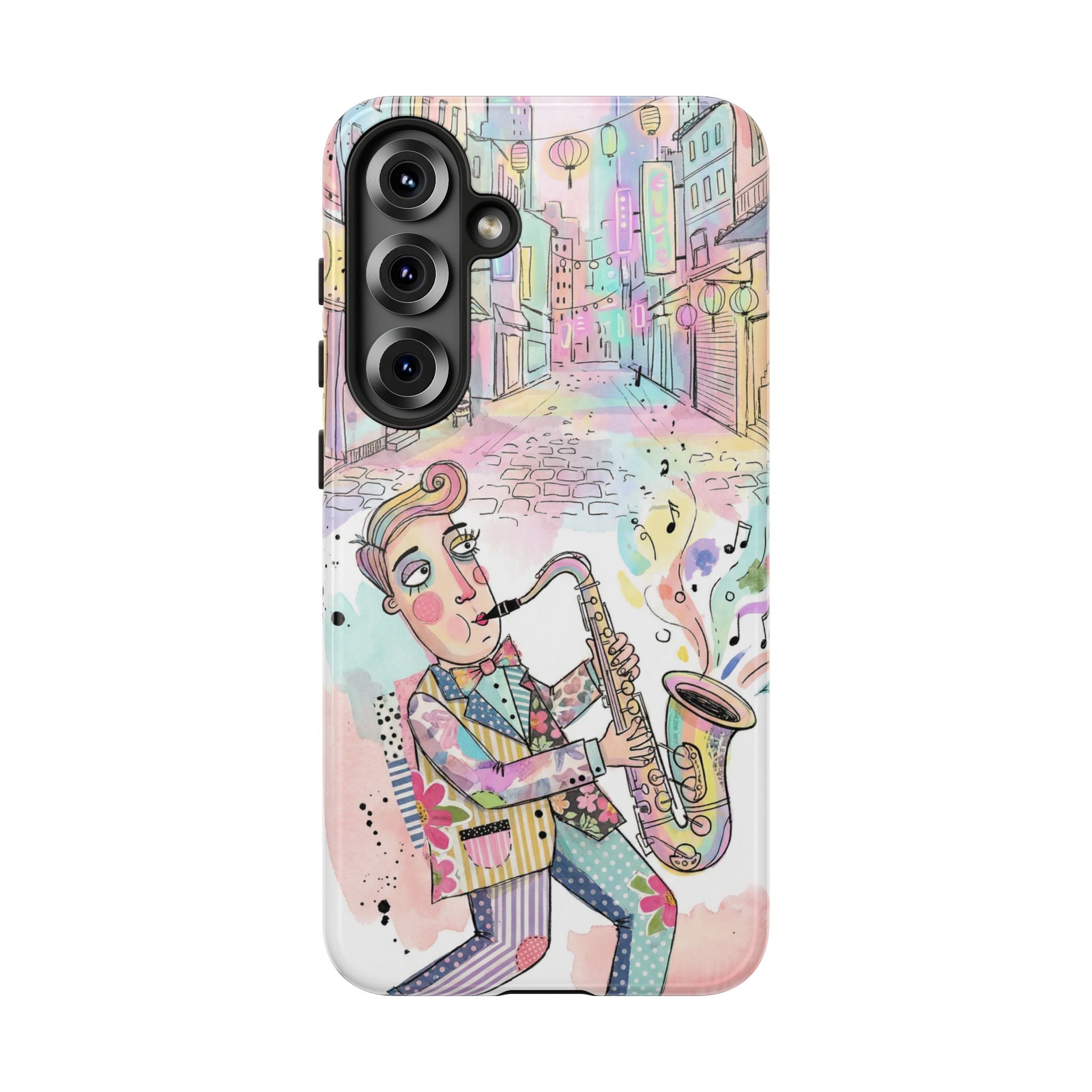 Sax Player Art Samsung Galaxy Phone Case | Pastel Jazz Street Illustration