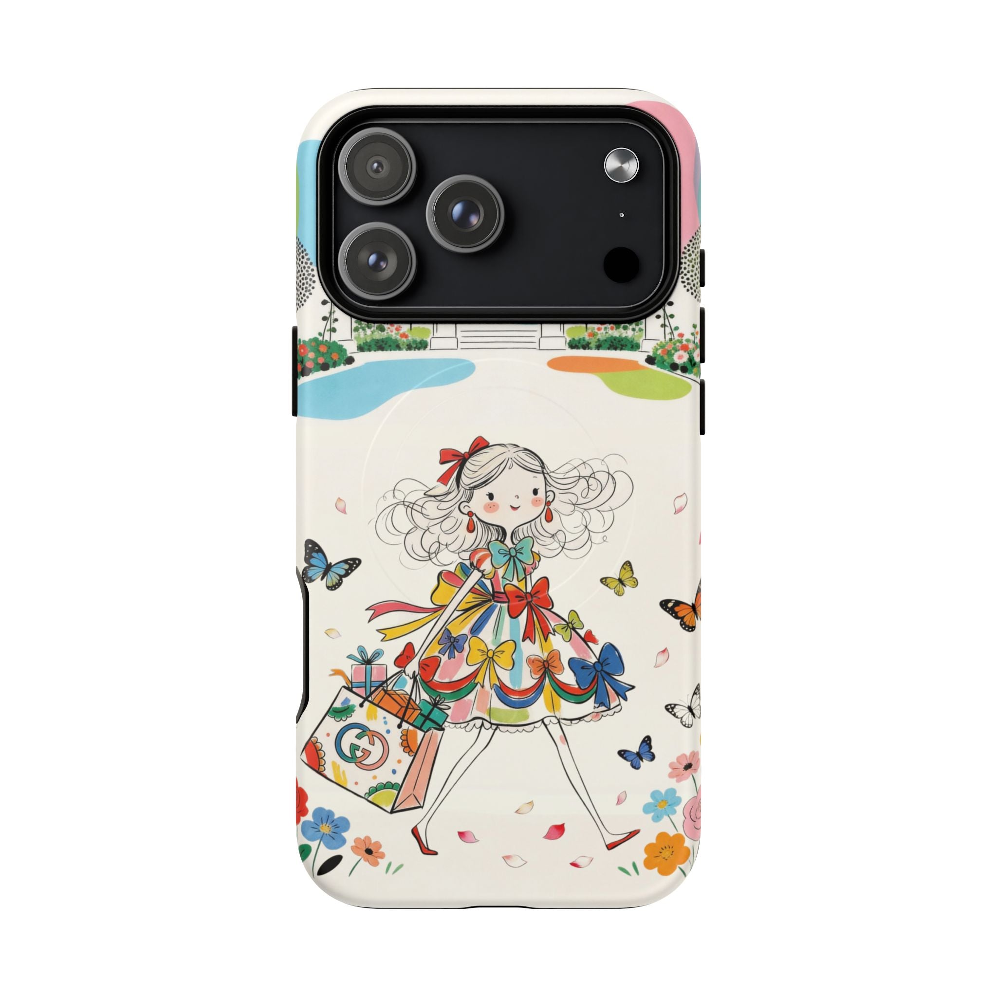 Whimsical Shopping Girl MagSafe iPhone Case | Cute Floral Butterfly Tough Case