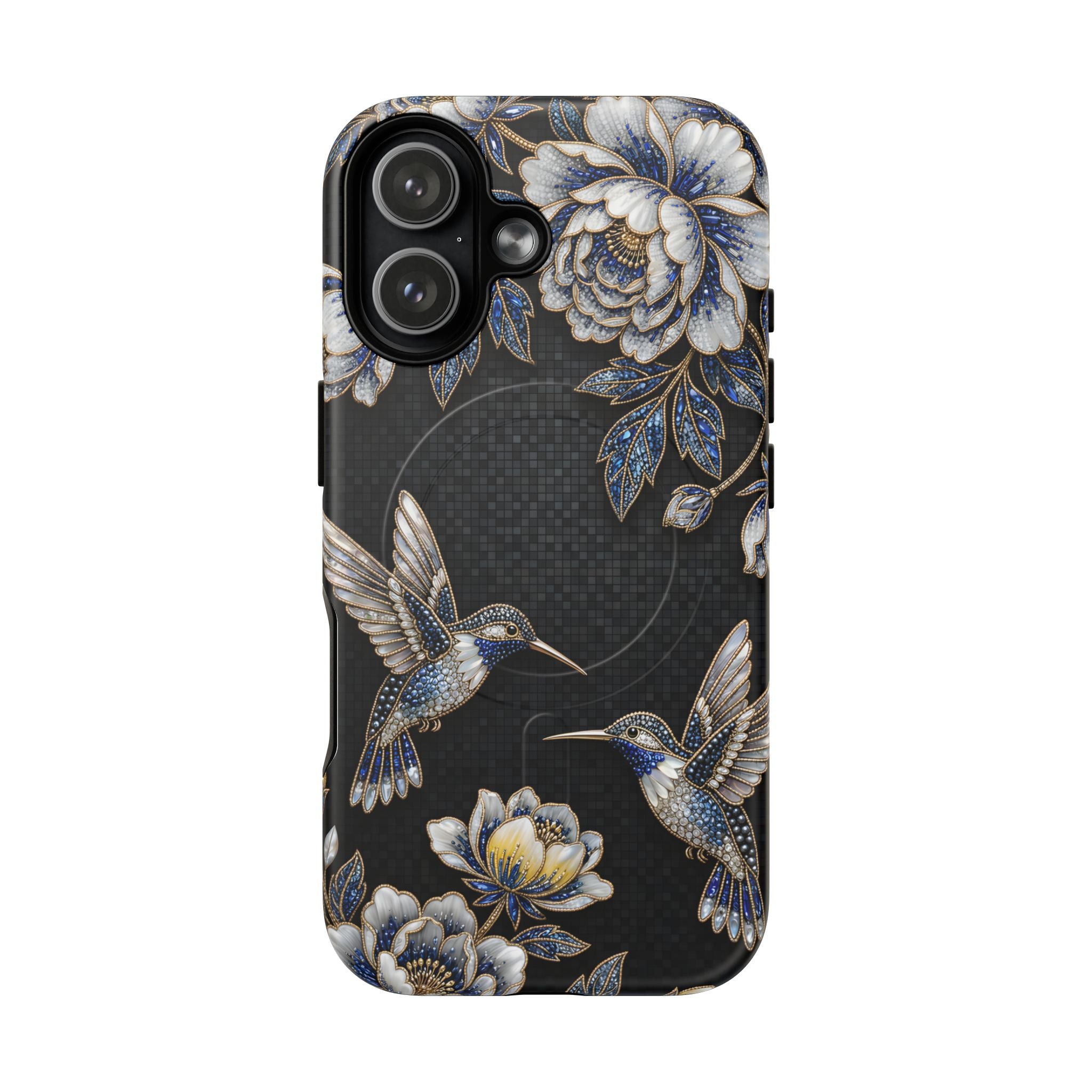 Hummingbird & Peony Floral MagSafe iPhone Case | Elegant Black Protective Cover
