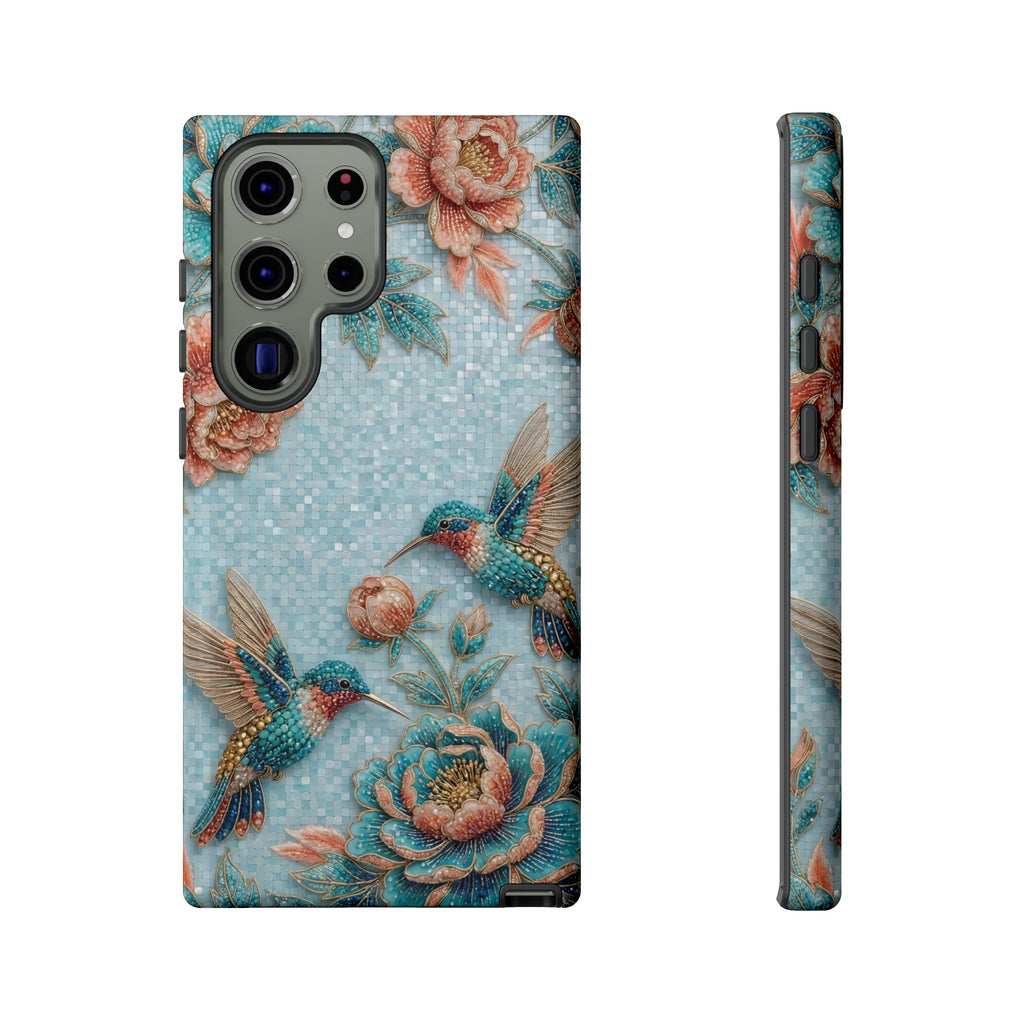 Cover per Samsung Galaxy in robusto materiale, fantasia colibrì e fiori | Design vintage giardino blu