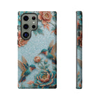 Cover per Samsung Galaxy in robusto materiale, fantasia colibrì e fiori | Design vintage giardino blu