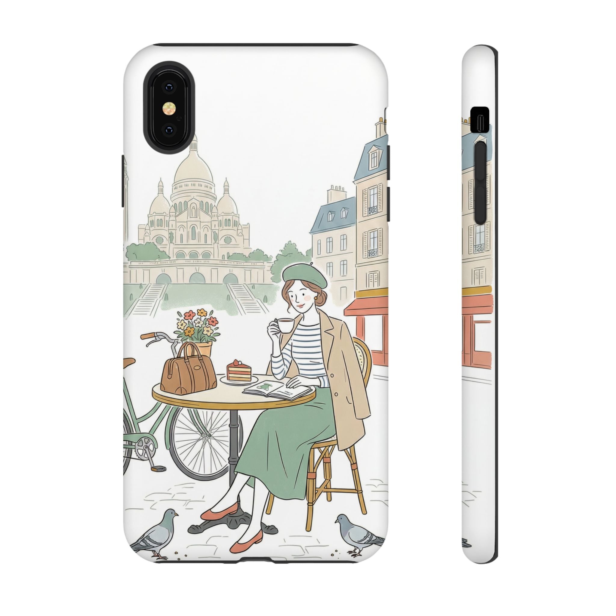 Paris Cafe Illustration iPhone Case | Vintage Bicycles & Pigeons Protective Cover