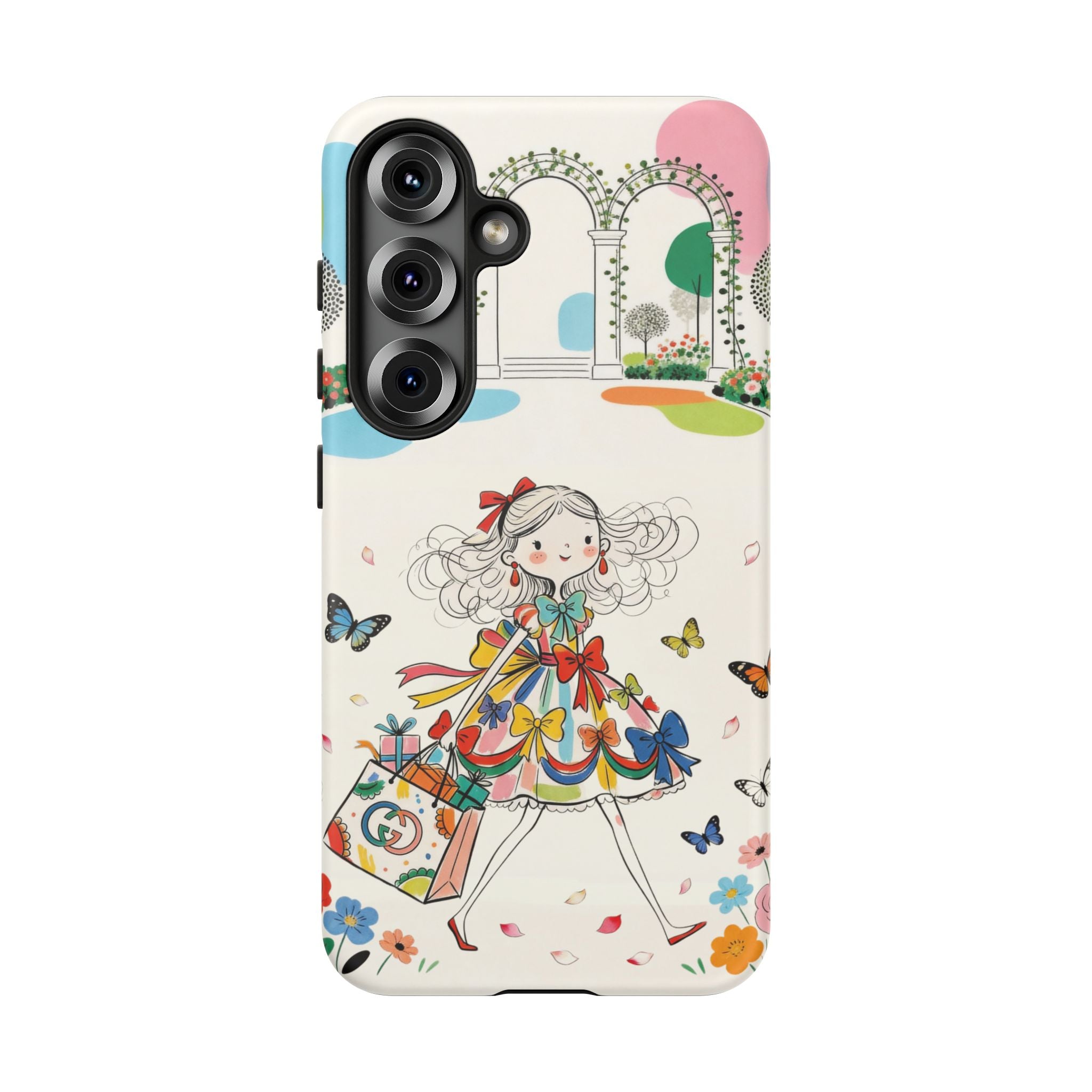 Whimsical Shopping Girl Samsung Galaxy Phone Case | Cute Floral Butterfly Tough Case